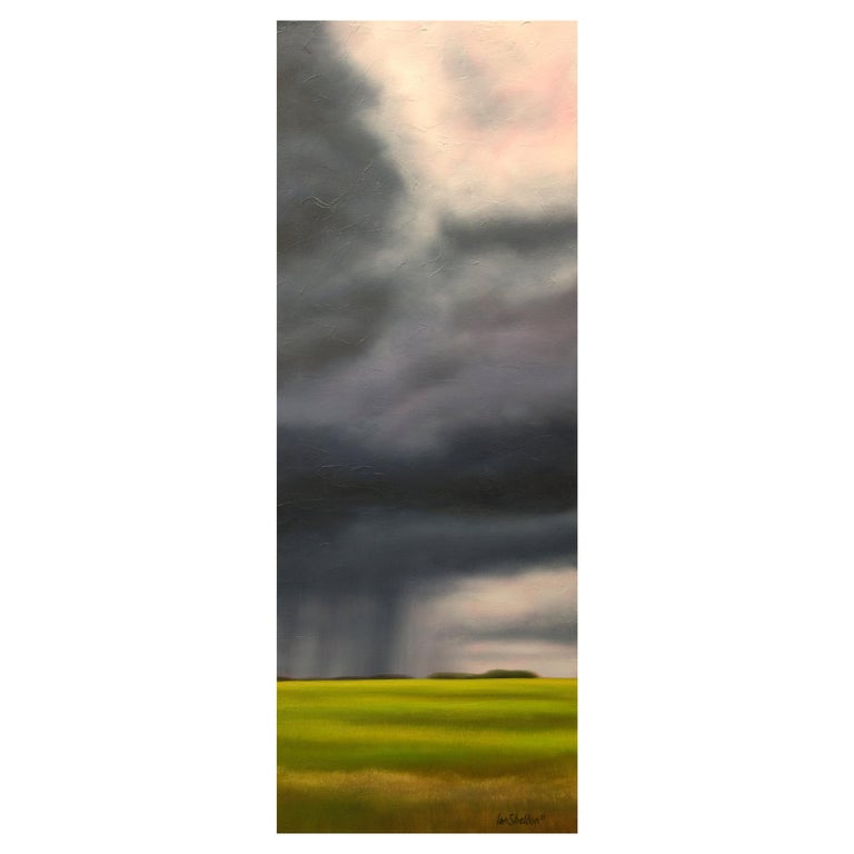 "Spring Greens" Green, Blue, Oil on Canvas Storm Landscape by Ian Sheldon New For Sale