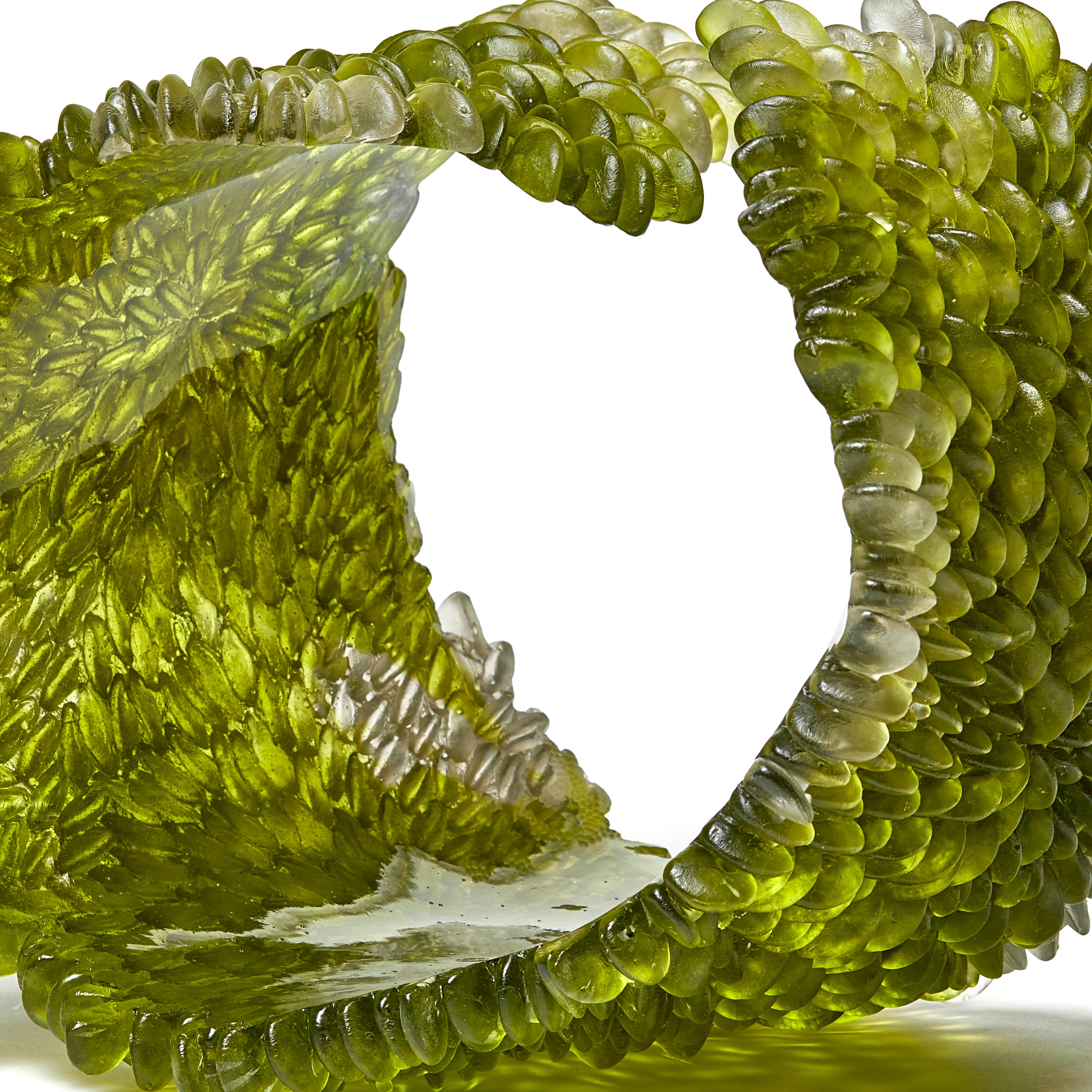 British  Spring Greens, Unique Glass Sculpture in Olive Green by Nina Casson McGarva