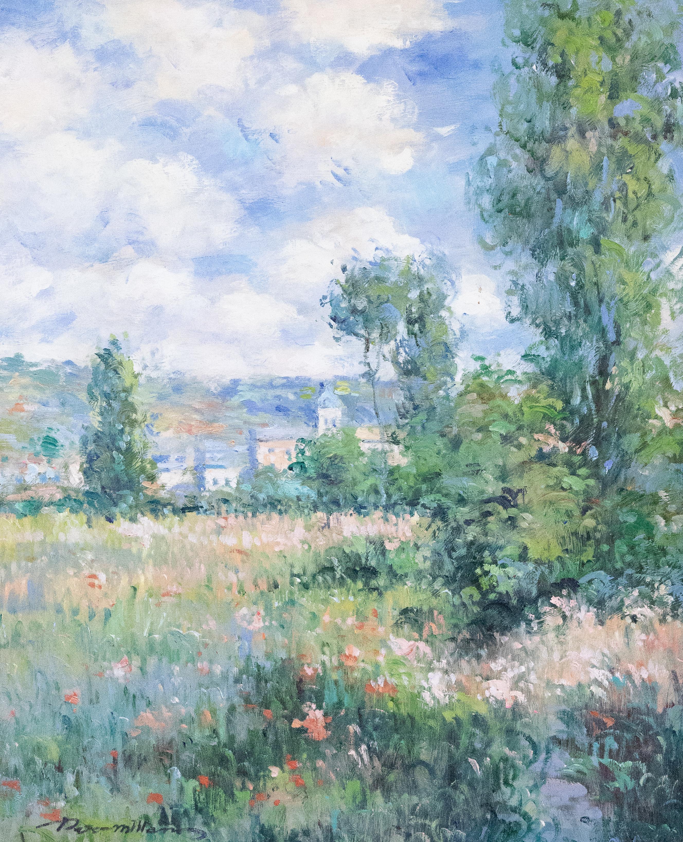 Lovely impressionist landscape featuring a spring field awash in pastel flowers. Village buildings In the distance, blue skies filled with billowy clouds. Signed by artist in lower left. Presented in gilt period frame, ready to hang.

Dimensions: