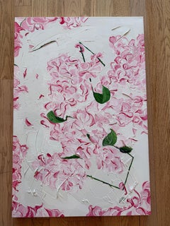 Spring in Full Bloom High Textured Acrylic Impasto Painting, Ivory, Blush, Green