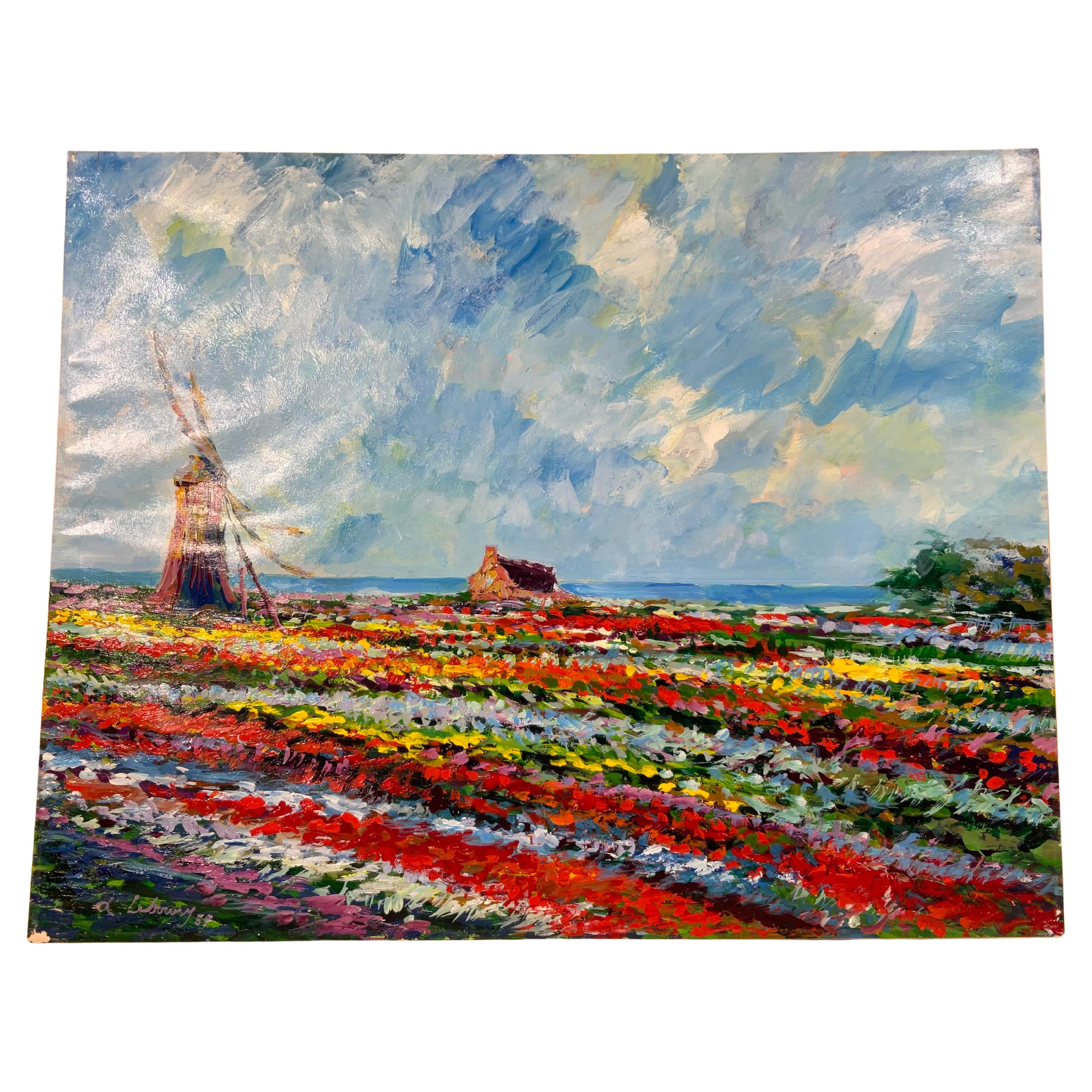 Primavera en Holanda , Campo de tulipanes  Pintura , Óleo sobre papel