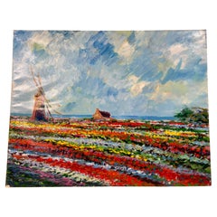 Spring in Holland , Tulip Field  Painting , Oil on Paper 