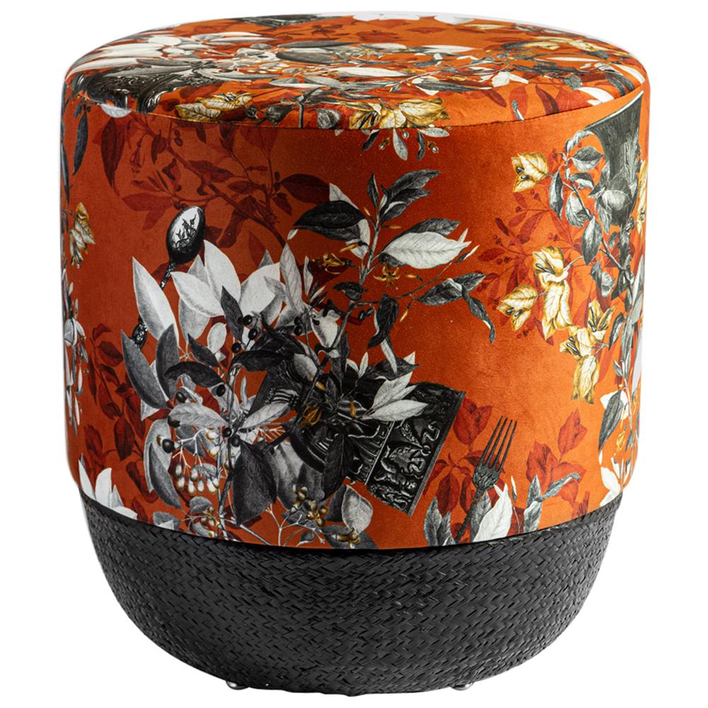 Spring in Rome, Contemporary Printed Velvet and Black Strew Pouf by Vito Nesta For Sale