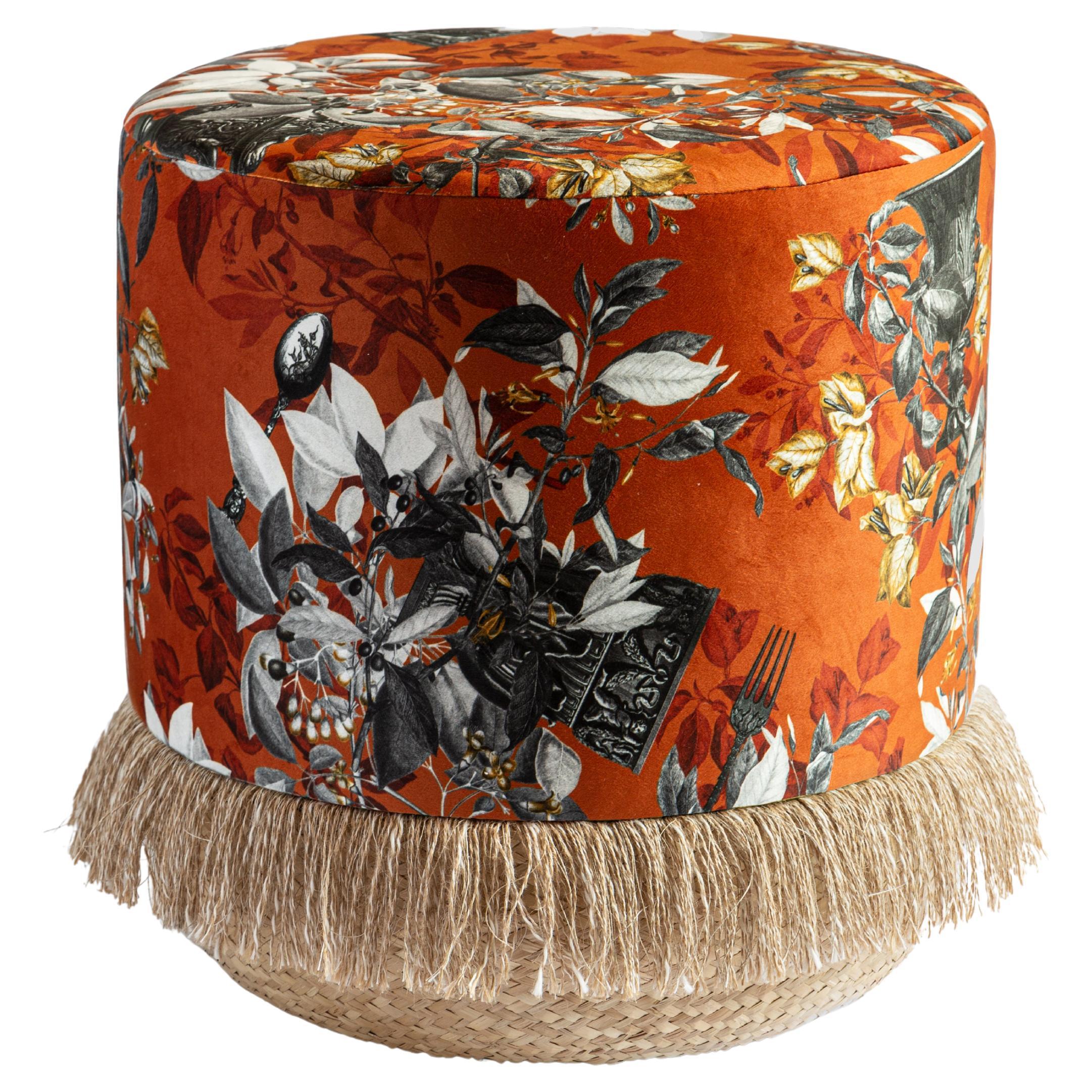 Spring in Rome, Contemporary Printed Velvet and Black Strew Pouf by Vito Nesta