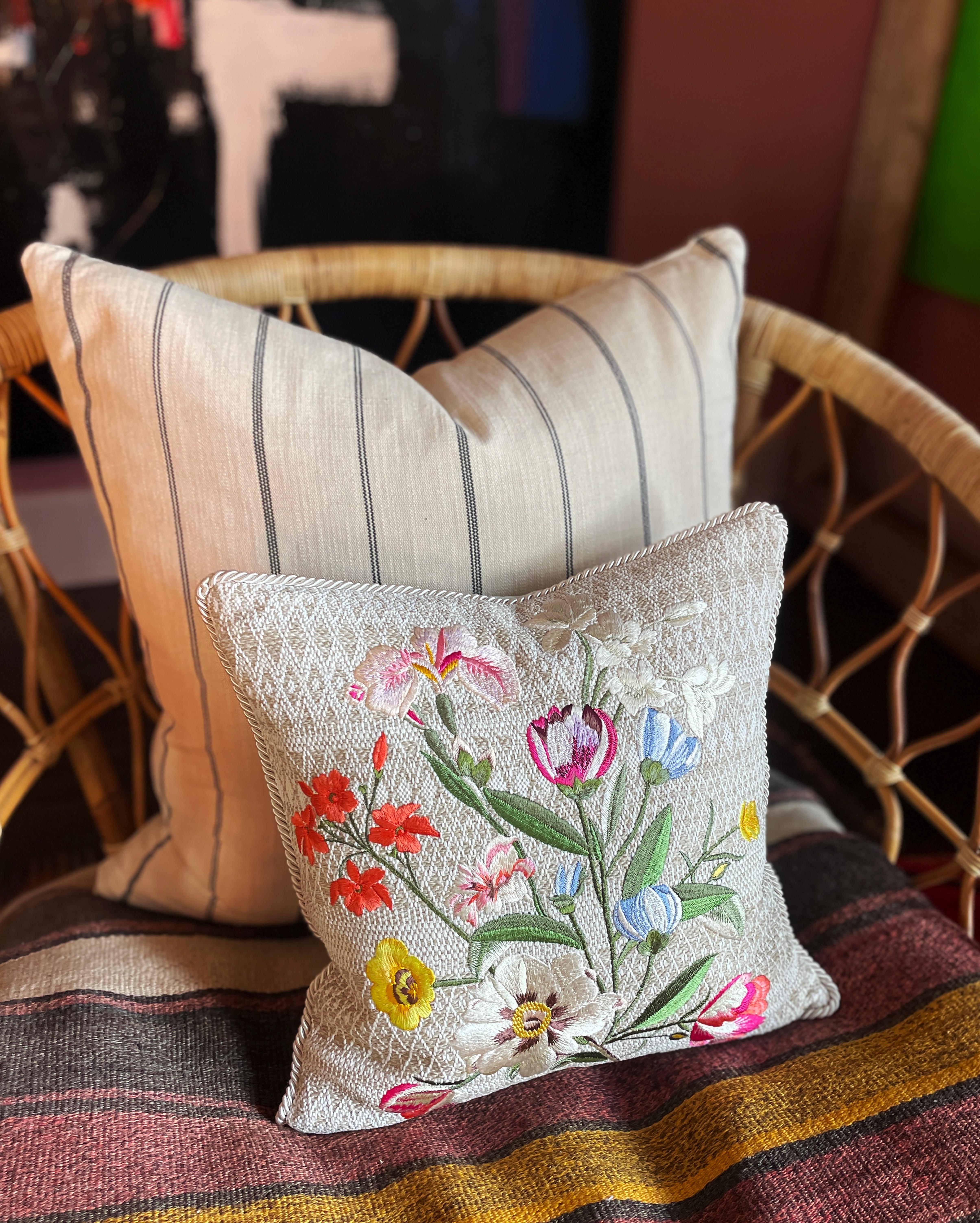 Spring Paeonia Bouquet Embroidered Beige Cotton Pillow with Corded Trim In New Condition For Sale In Los Angeles, CA