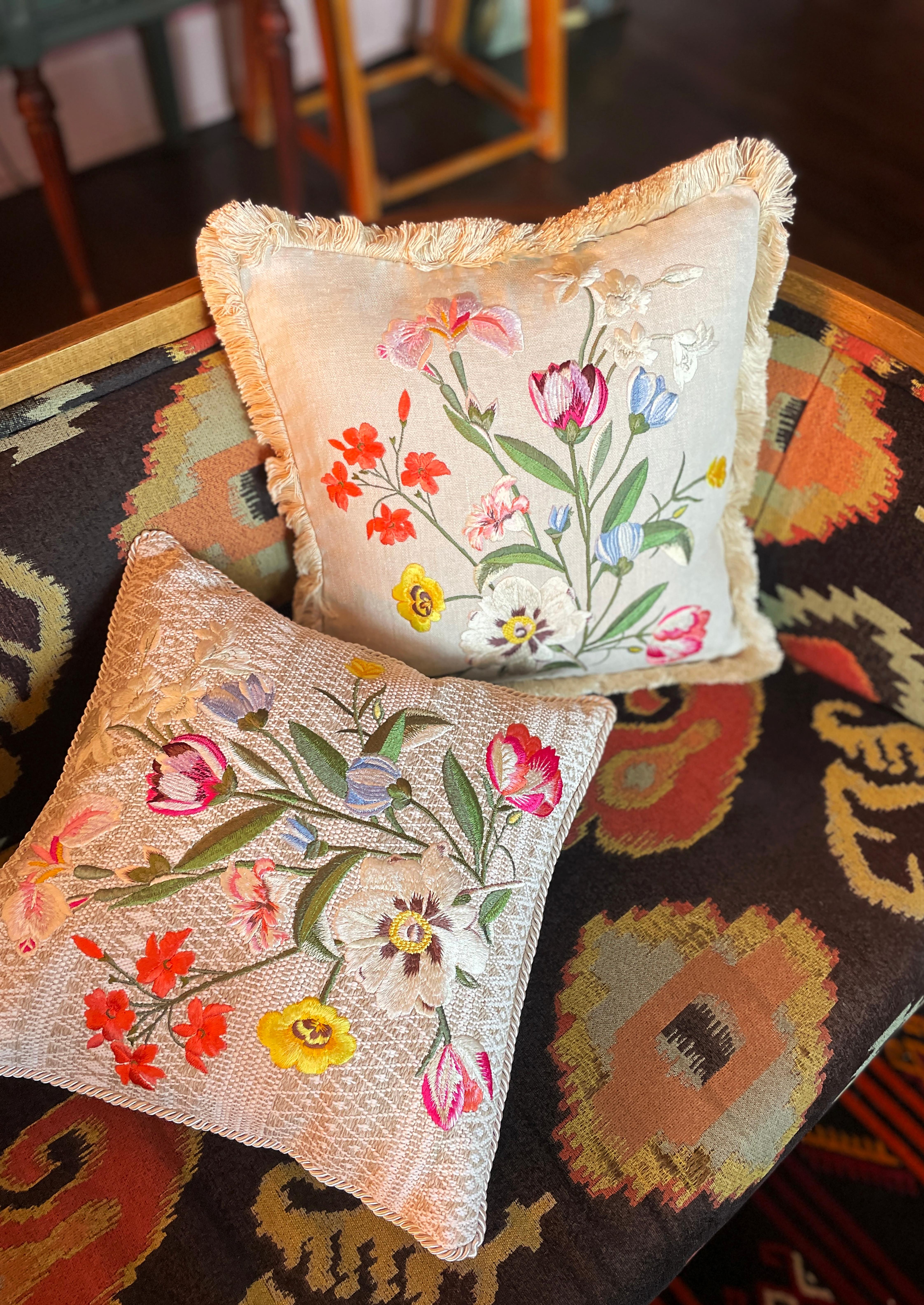Contemporary Spring Paeonia Bouquet Embroidered Beige Cotton Pillow with Corded Trim For Sale