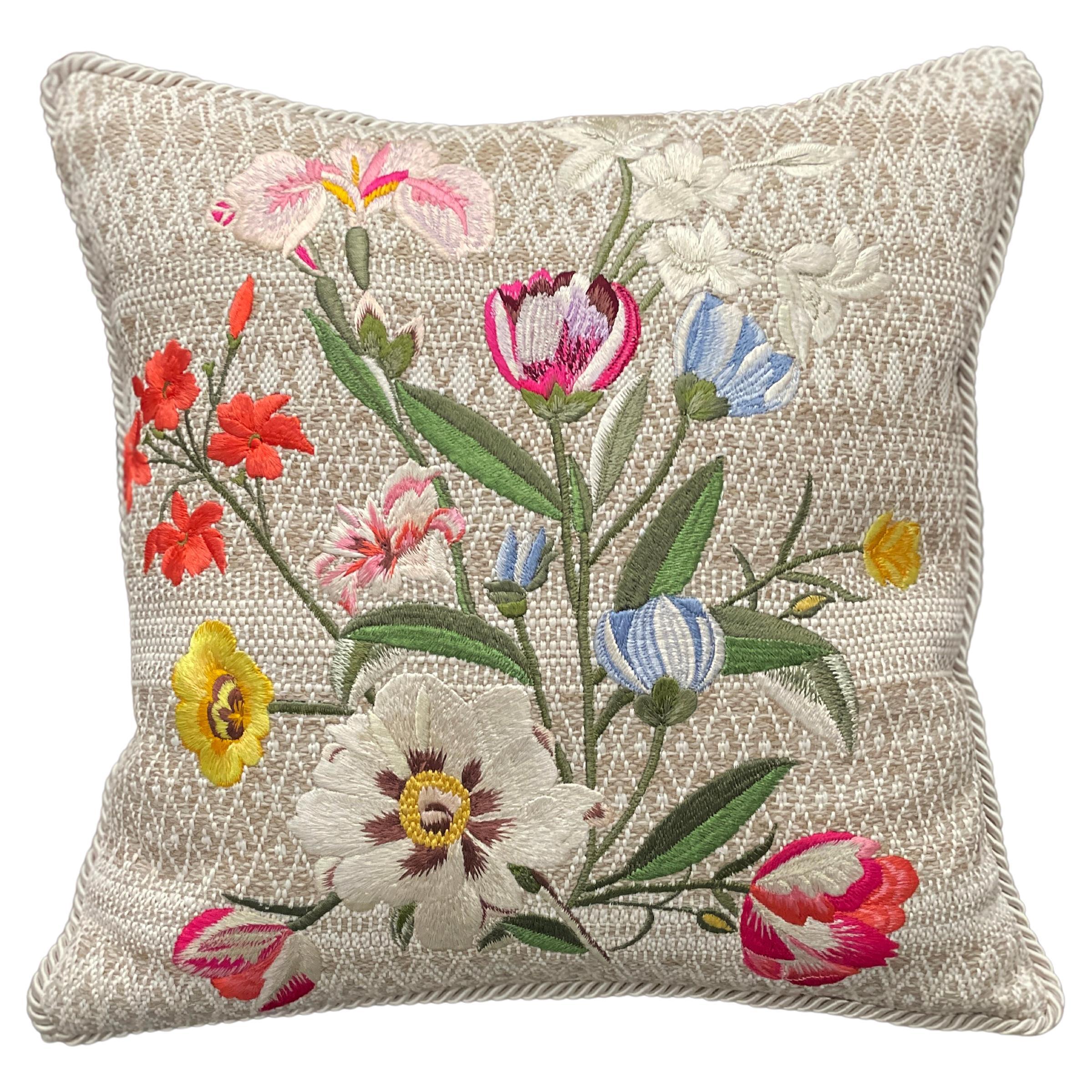 Spring Paeonia Bouquet Embroidered Beige Cotton Pillow with Corded Trim For Sale