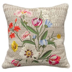 Spring Paeonia Bouquet Embroidered Beige Cotton Pillow with Corded Trim
