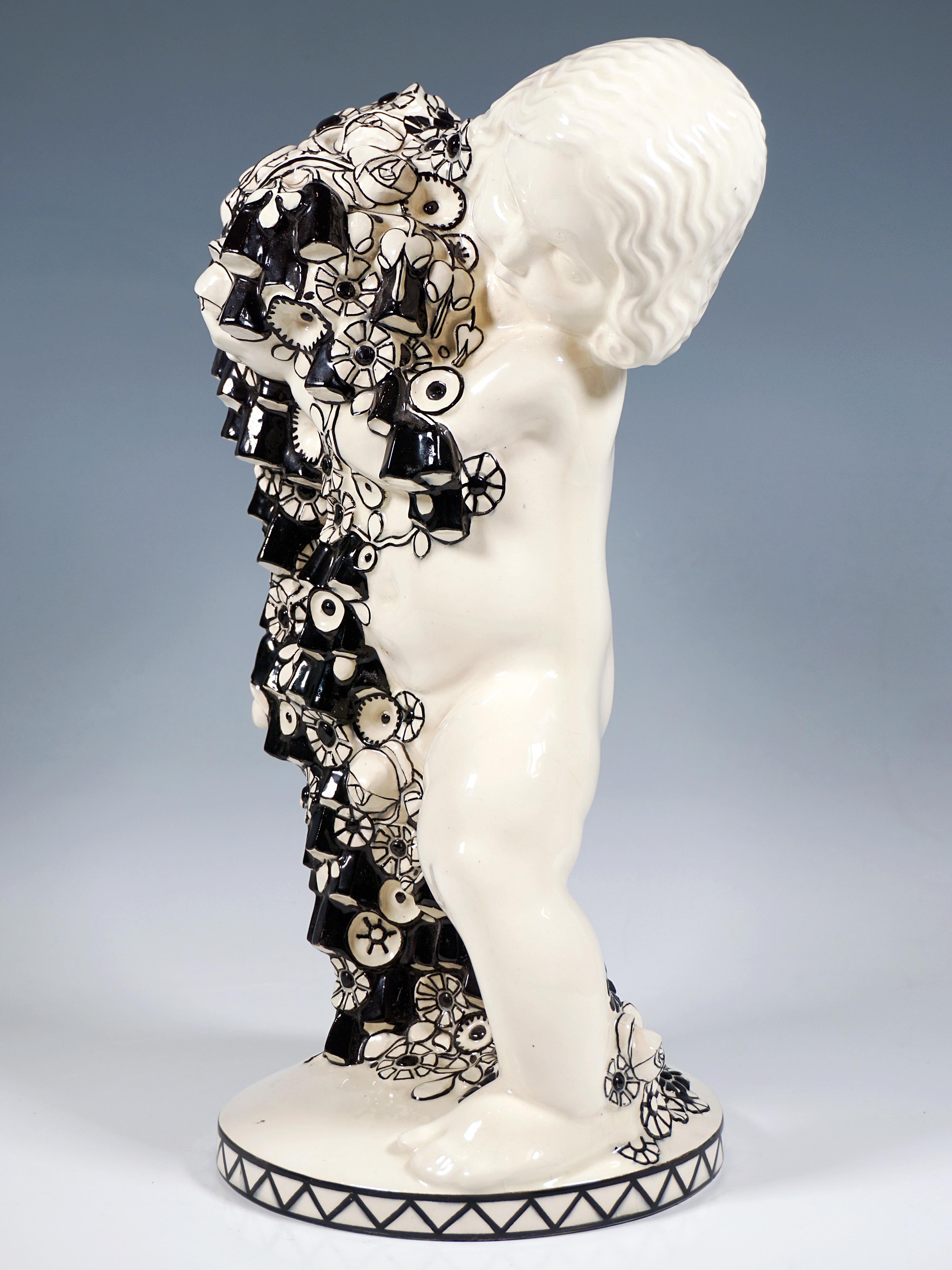 Painted 'Spring', Putto With Flowers, by Michael Powolny, Vienna Ceramics, 1910-1912 For Sale
