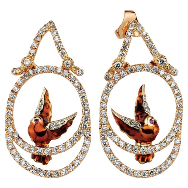 18K Gold Bird Dangle Earrings with Diamonds For Sale