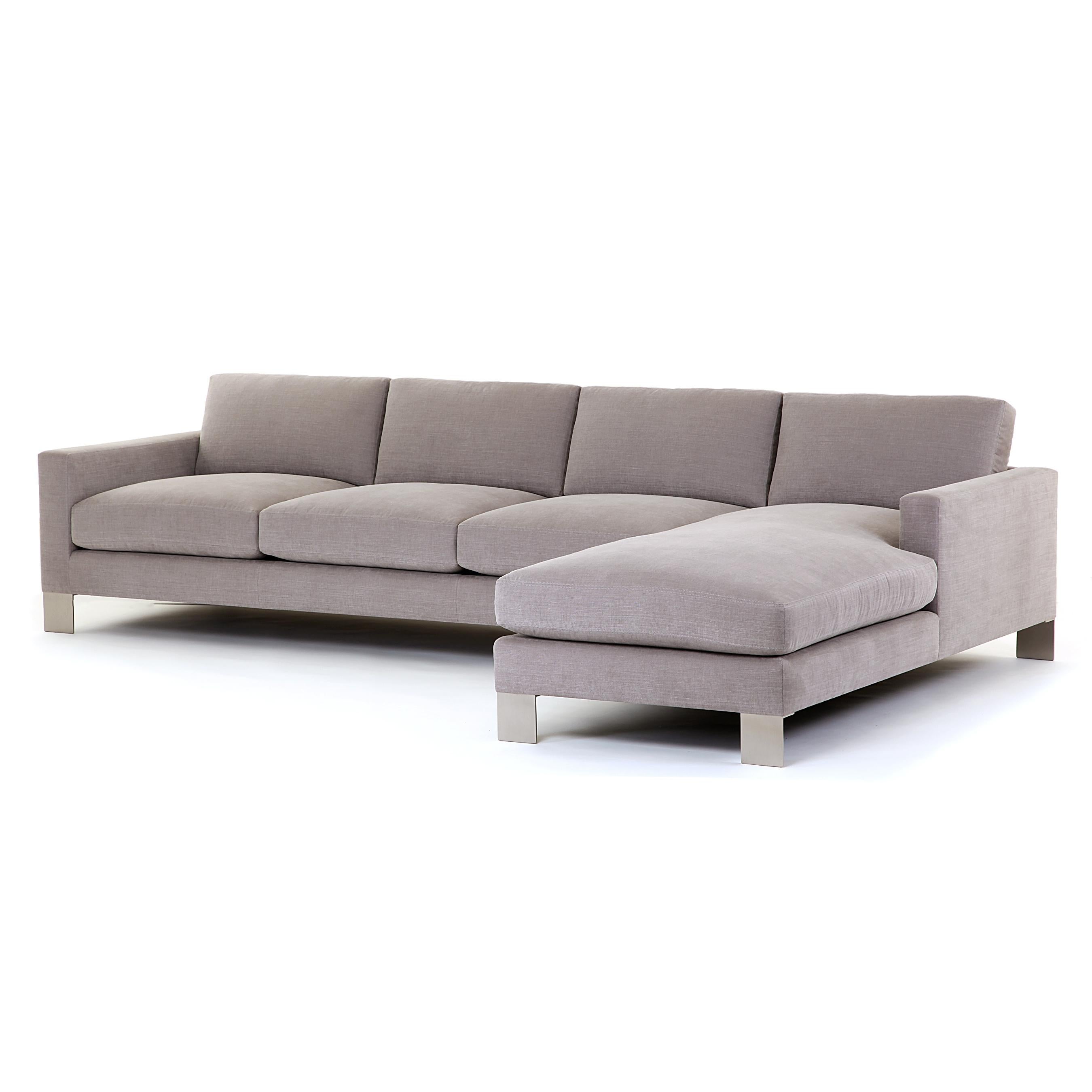 Grand and sophisticated, this plush sectional has just enough seat and back to be proportionally perfect within the framework of the rest of its body. With sleek, modern, metal legs and a crowning chaise, this piece is a perfect balance of comfort