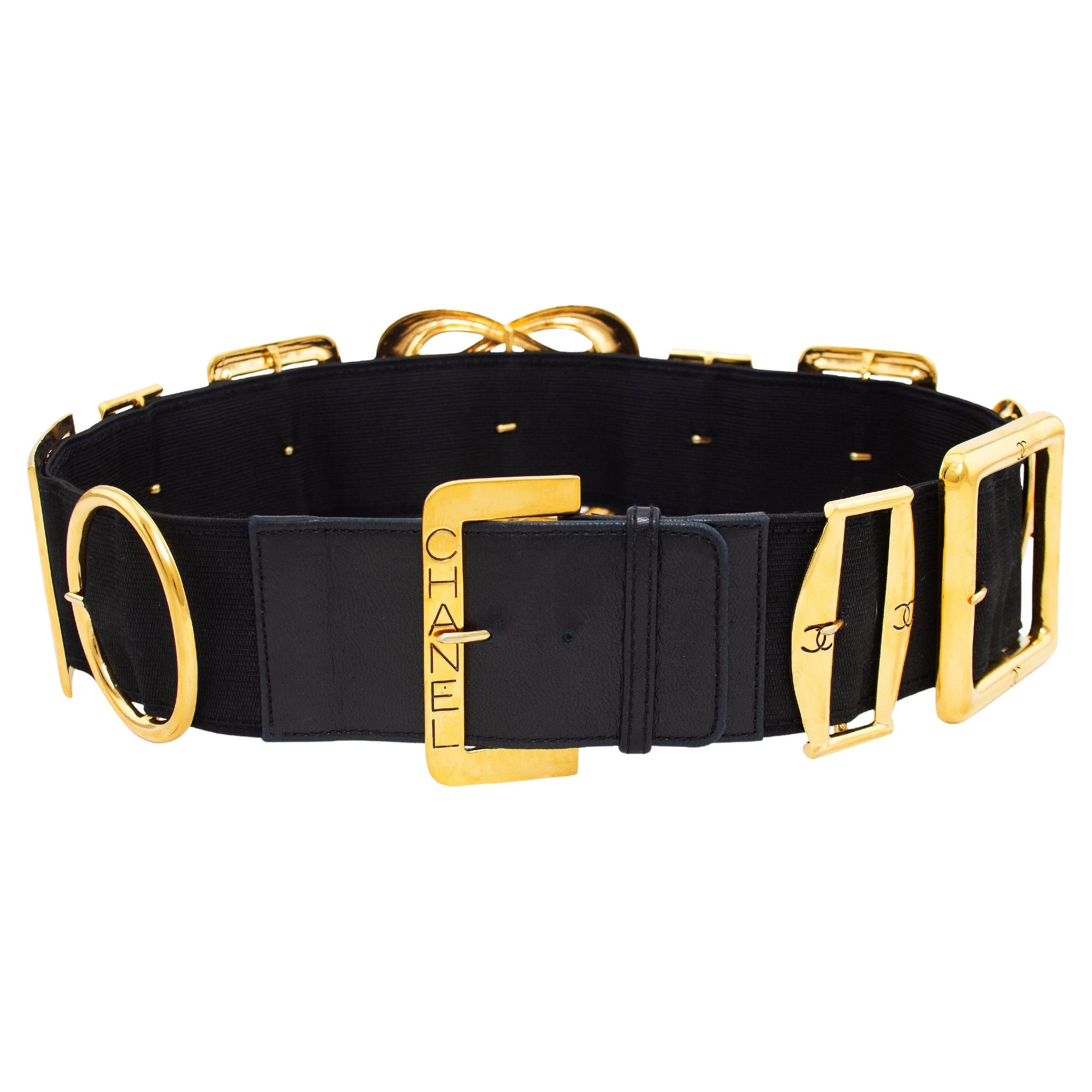 Black Spring/Summer 1988 Chanel Multi Buckle Stretch Belt For Sale