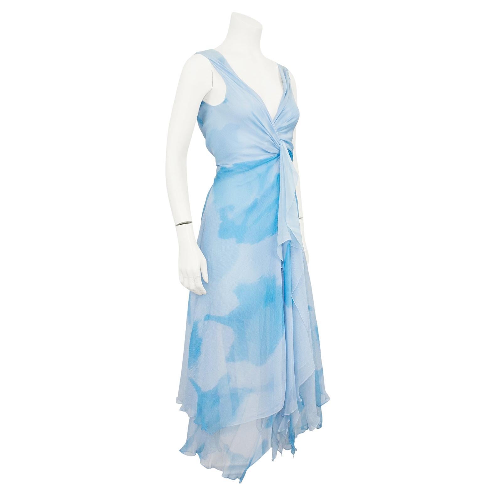 Women's Spring/Summer 2000 Donna Karan Blue Watercolor Chiffon Layered Dress