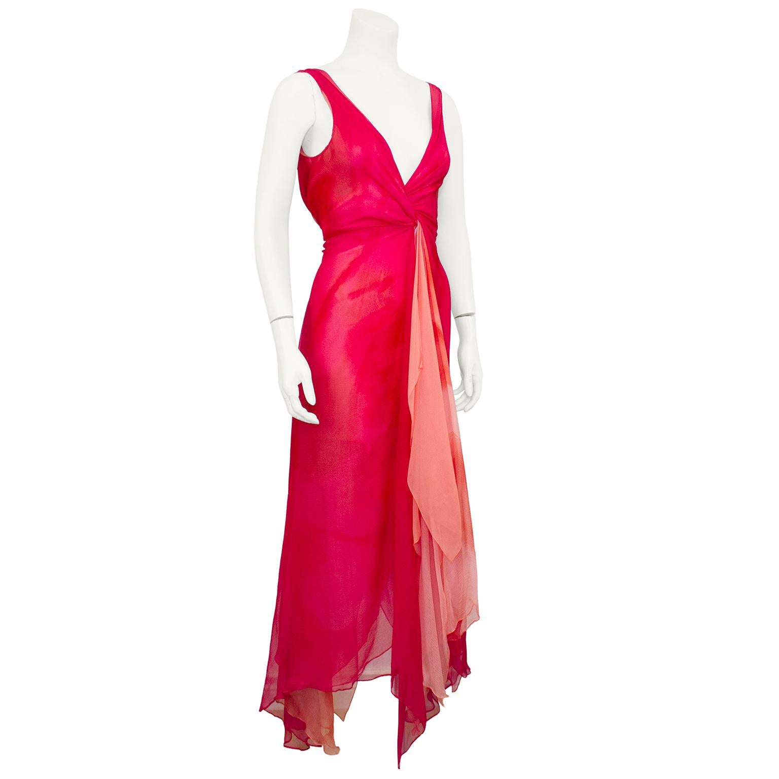 Spring/Summer 2000 Donna Karan Red Watercolor Chiffon Layered Dress In Good Condition In Toronto, Ontario