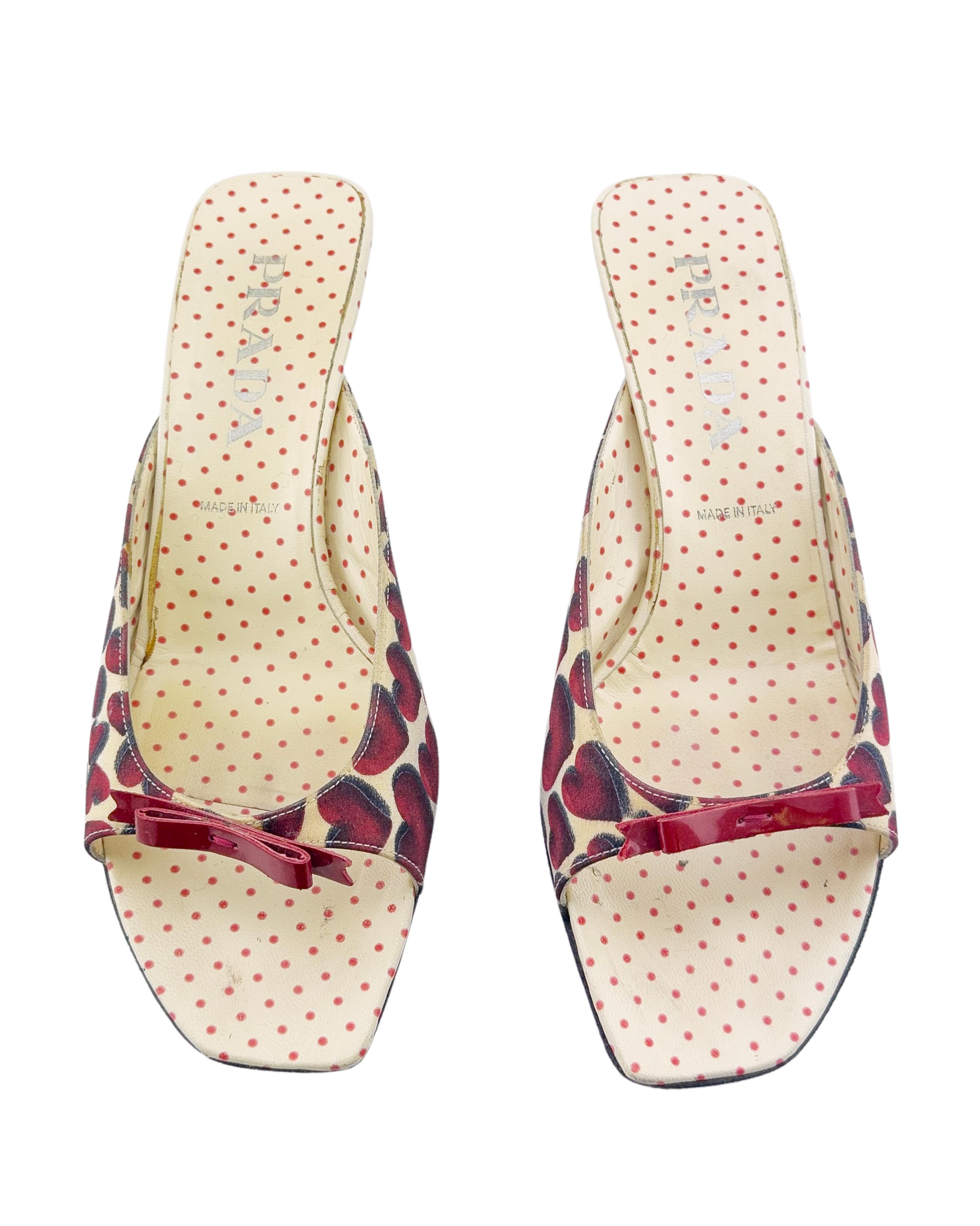 Beige Spring/Summer 2000 Prada Heart Print Kitten Heel Mules