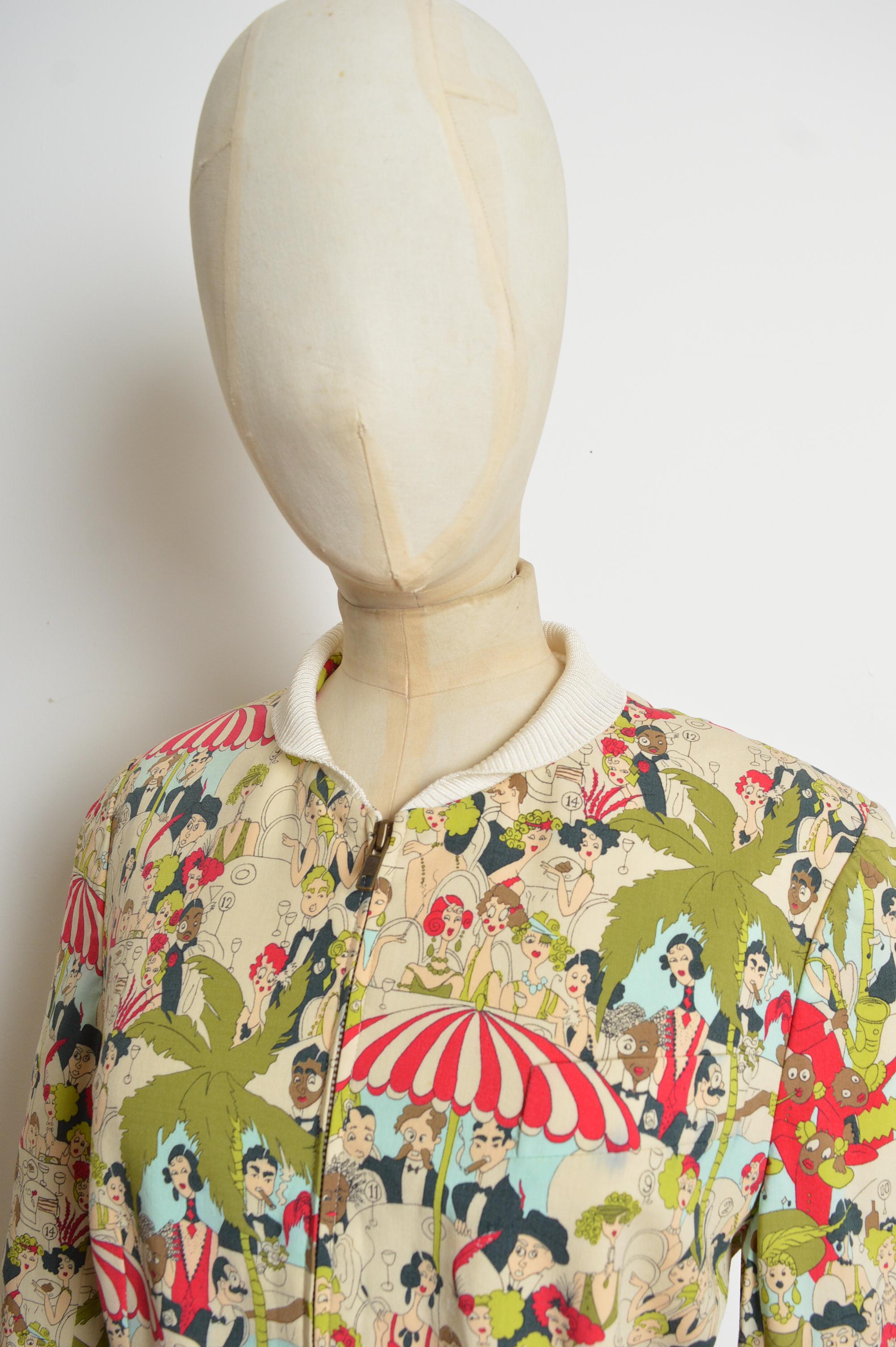 Primavera / Verano 2001 John Galliano Chaqueta bomber con estampado de dibujos animados Sketch Beige en venta