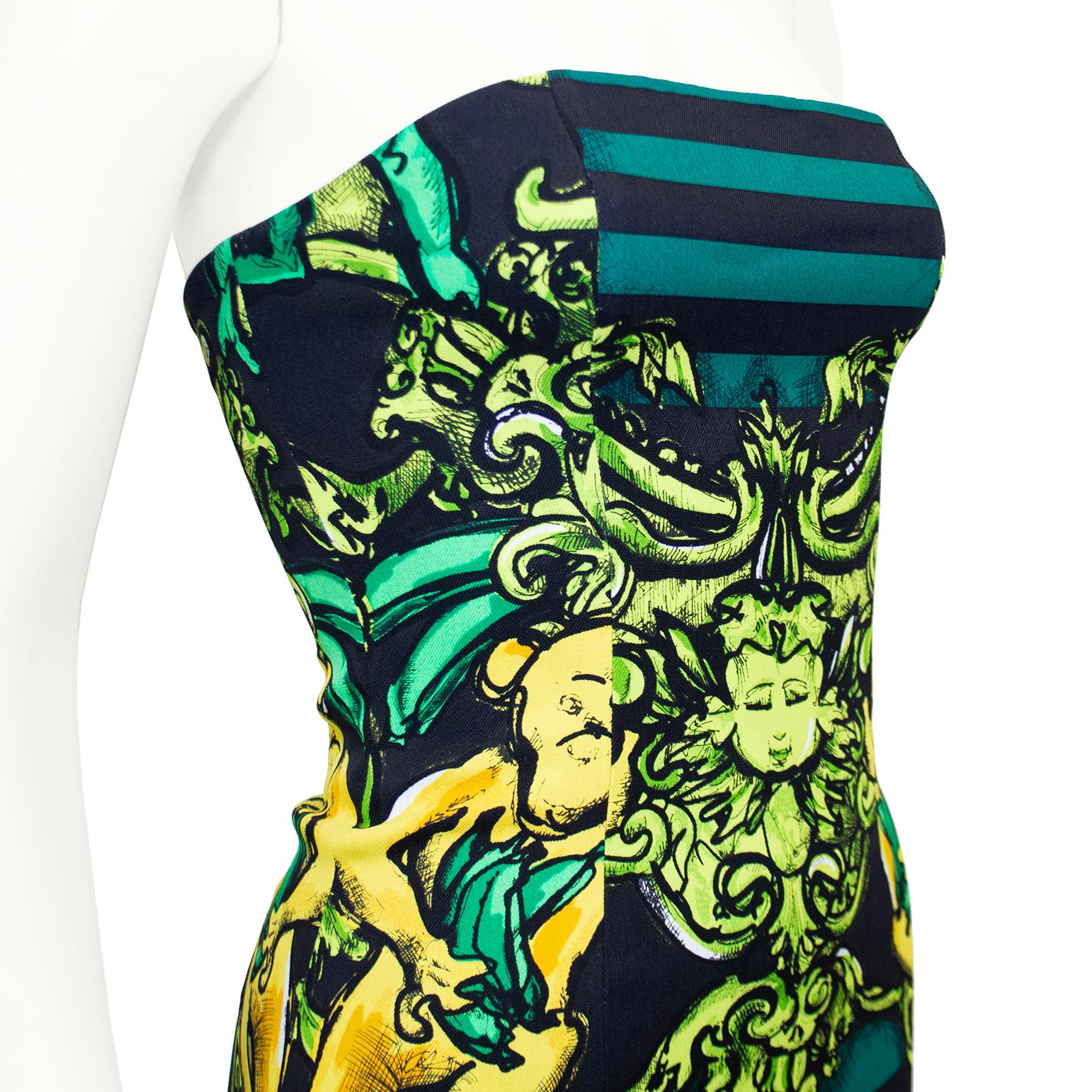  Frühjahr/Sommer 2011 Prada Trägerloses Kleid mit grünen und schwarzen Streifen und Cherubdruck  im Angebot 2