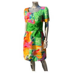 Retro Spring Summer Bright Floral Party Dress by Platos/Ross Lime Satin Bow Size 8 