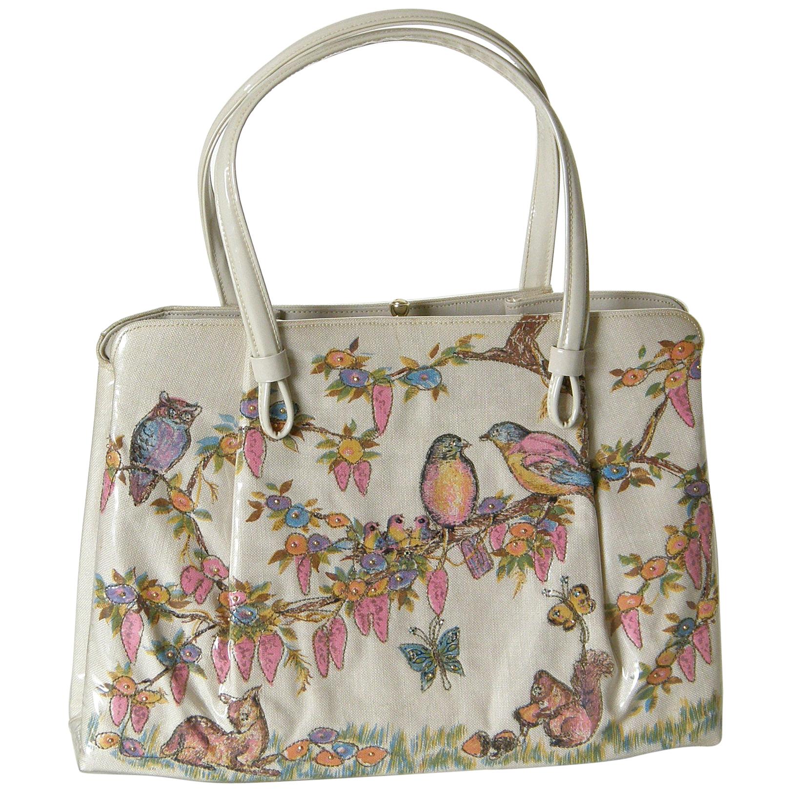 Spring Theme Handbag by Soure' with Woodland Animals Print Fabric on Front Panel