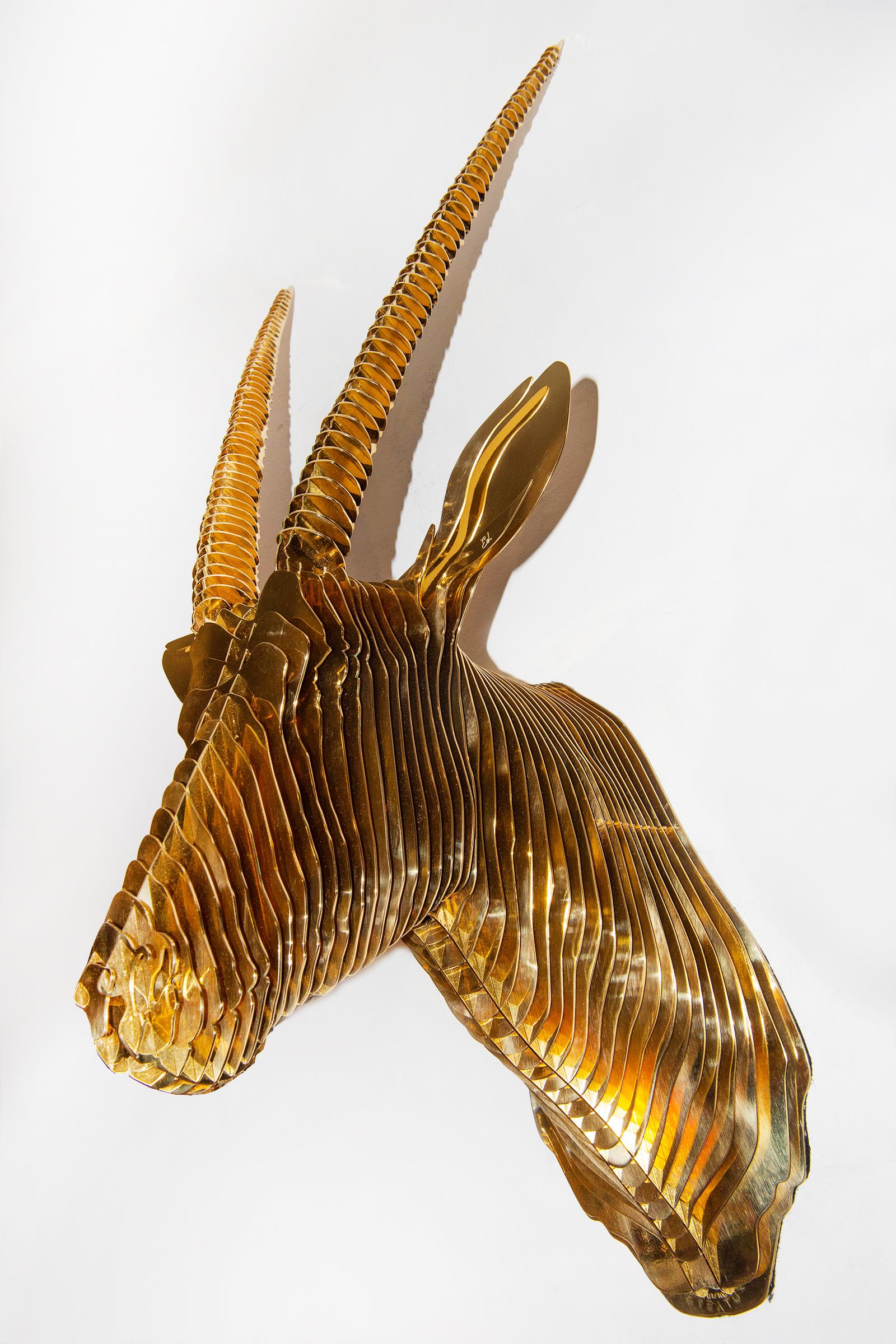 Sculpture Springbok Trophee with all structure in solid brass,
hand-crafted and welded in polished finish. Limited Edition
of 100 pieces. Also available in other finishes, on request 
including up-charge and production lead time.