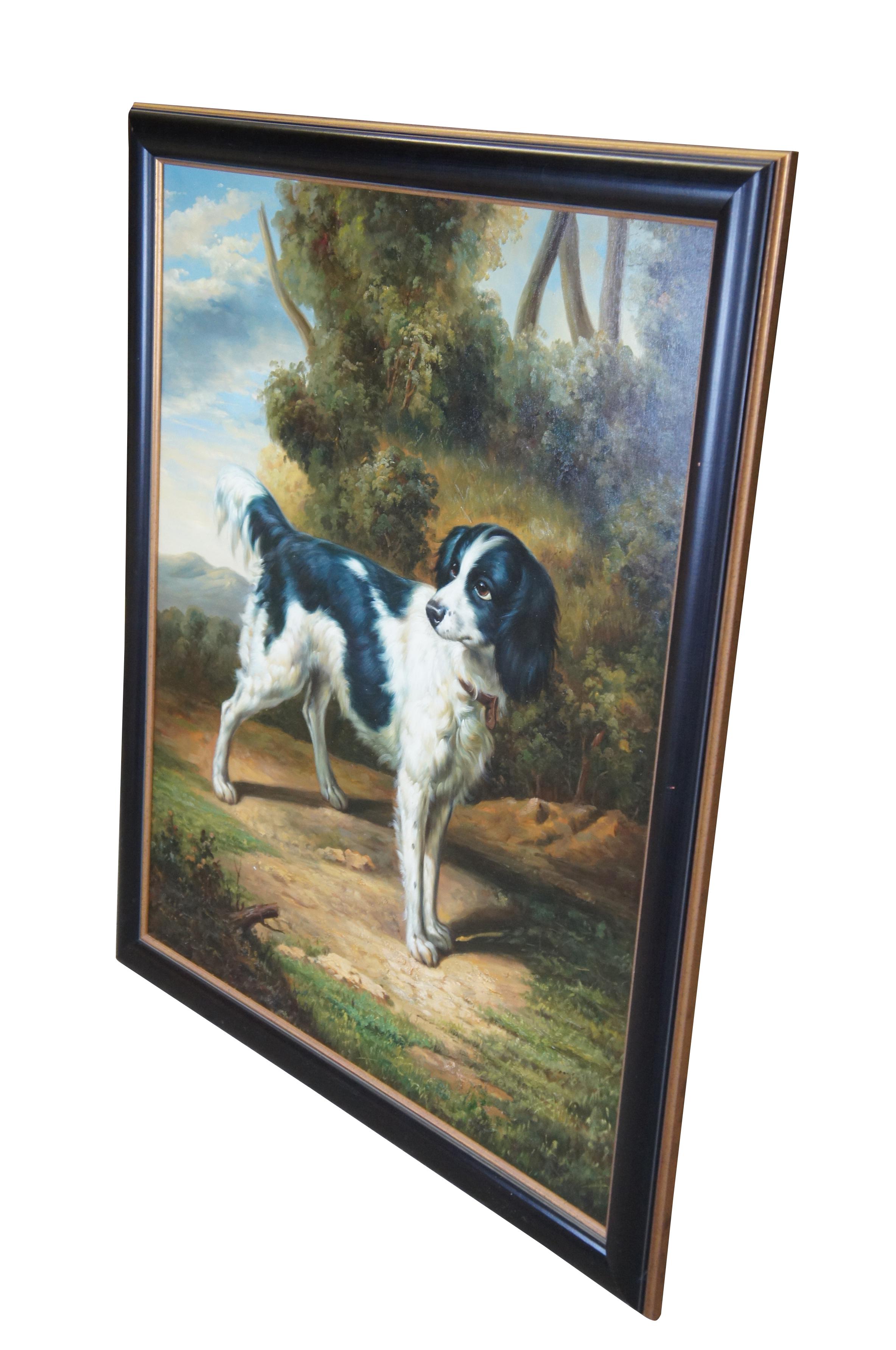 Large vintage black and white Springer Spaniel wooded landscape oil painting on canvas, after John Wootton. Framed in ebonized black frame with gold accents.

John Wootton (c.1686– 13 November 1764)[1] was an English painter of sporting subjects,