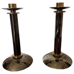 Springer Style Mid-Century Modern Gunmetal & Brass Designer Modern Candlesticks