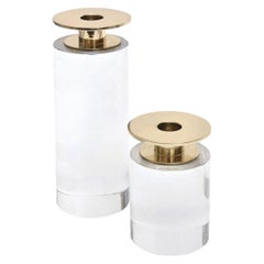 Springer Style Vintage Lucite and Brass Round Column Candlesticks Pair