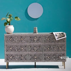Springtime Floral Bone Inlay Nine-Drawer Dresser, Brass Knobs by House of Jaipur