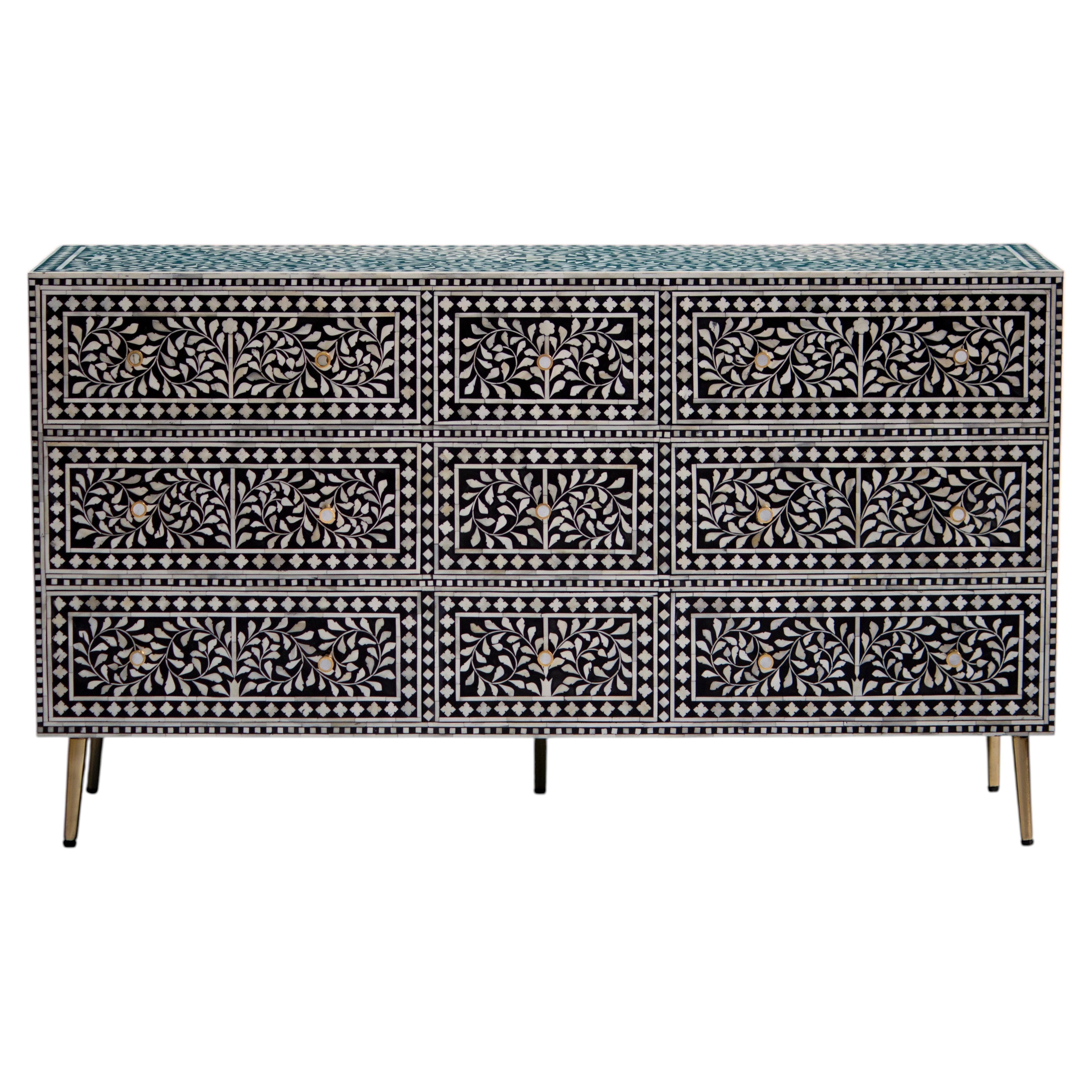 Springtime Floral Bone Inlay Nine-Drawer Dresser, Brass Knobs by House of Jaipur