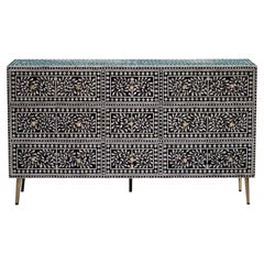 Springtime Floral Bone Inlay Nine-Drawer Dresser, Brass Knobs by House of Jaipur