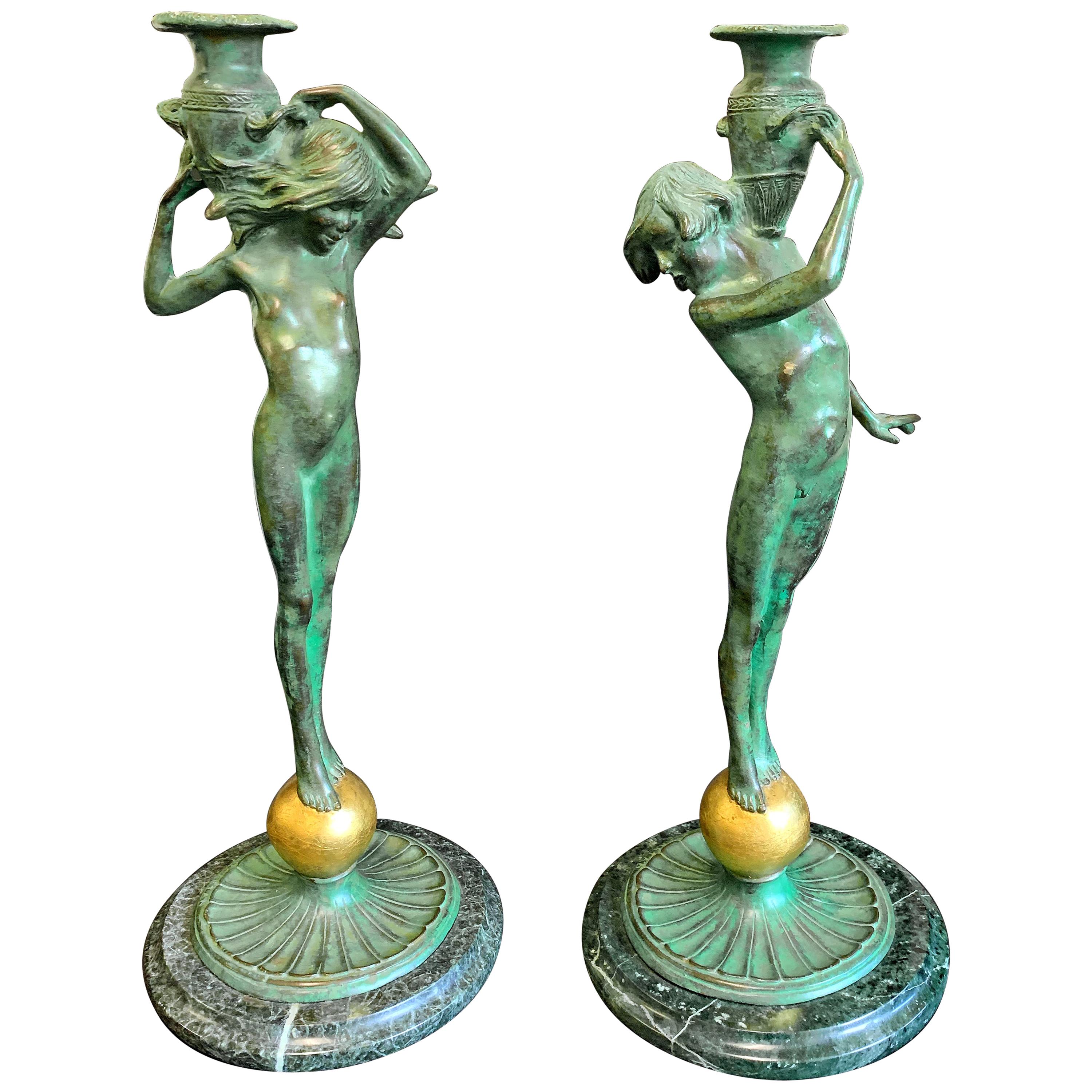 "Sprites with Amphorae," Rare Pair of Art Deco Bronze Candlesticks with Nudes