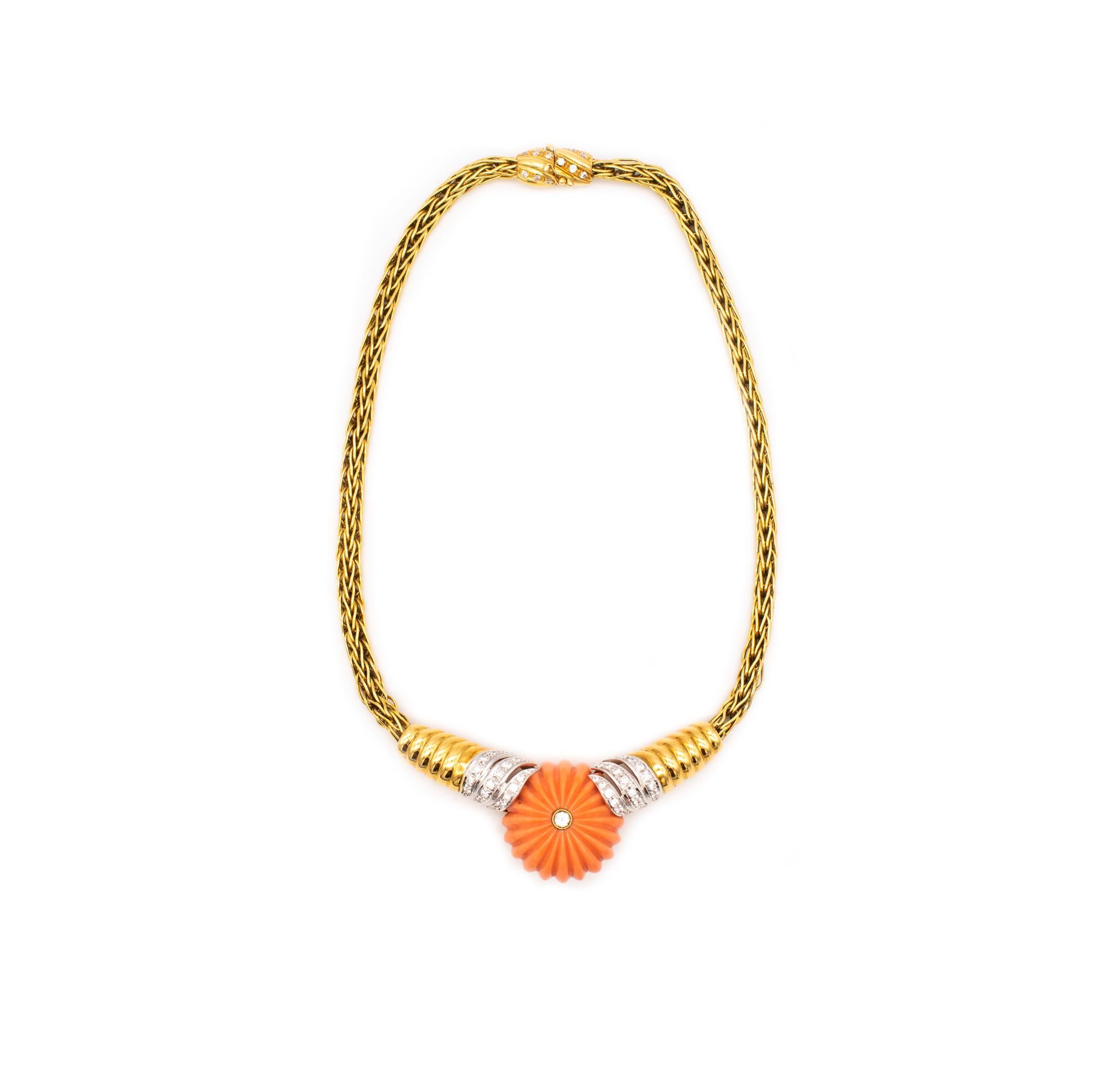Exceptional necklace designed by Spritzer & Fuhrmann.

Very handsome and elegant piece from the mid-century period, circa 1960's. Surely, this is a one-of-a-kind necklace, crafted in solid 18 karats yellow gold with accents in white gold for the