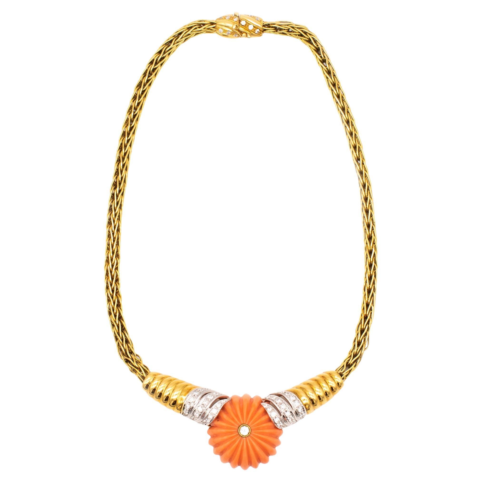Spritzer and Fuhrmann 18Kt Gold Necklace with 3.10 Cts in Diamonds and Coral For Sale