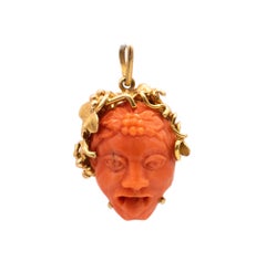 Spritzer and Fuhrmann 18Kt Gold Pendant with Bacchus Head Carved in Coral
