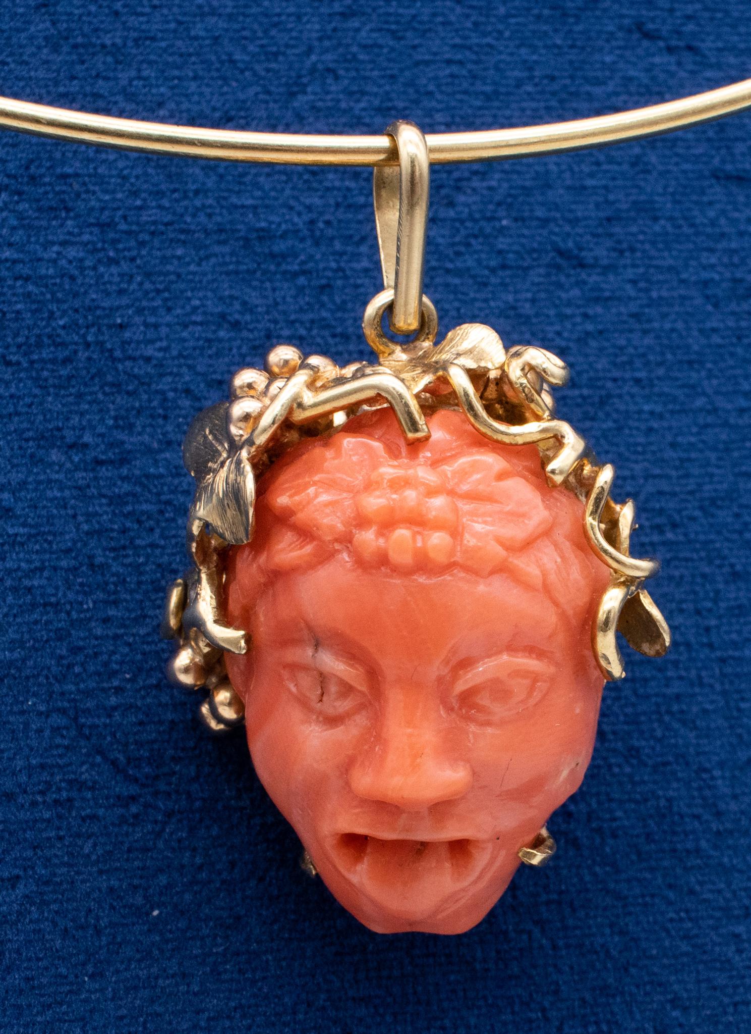 Women's Spritzer and Fuhrmann 18Kt Gold Pendant with Bacchus Head Carved in Coral For Sale