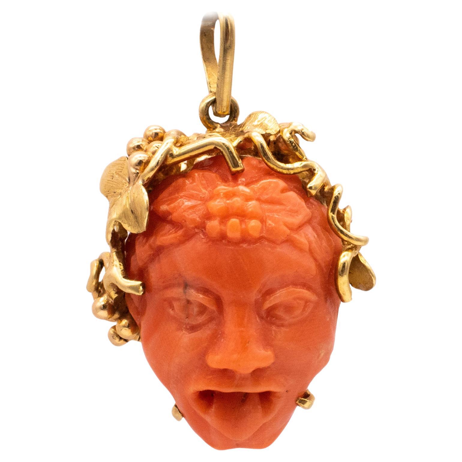 Spritzer and Fuhrmann 18Kt Gold Pendant with Bacchus Head Carved in Coral For Sale