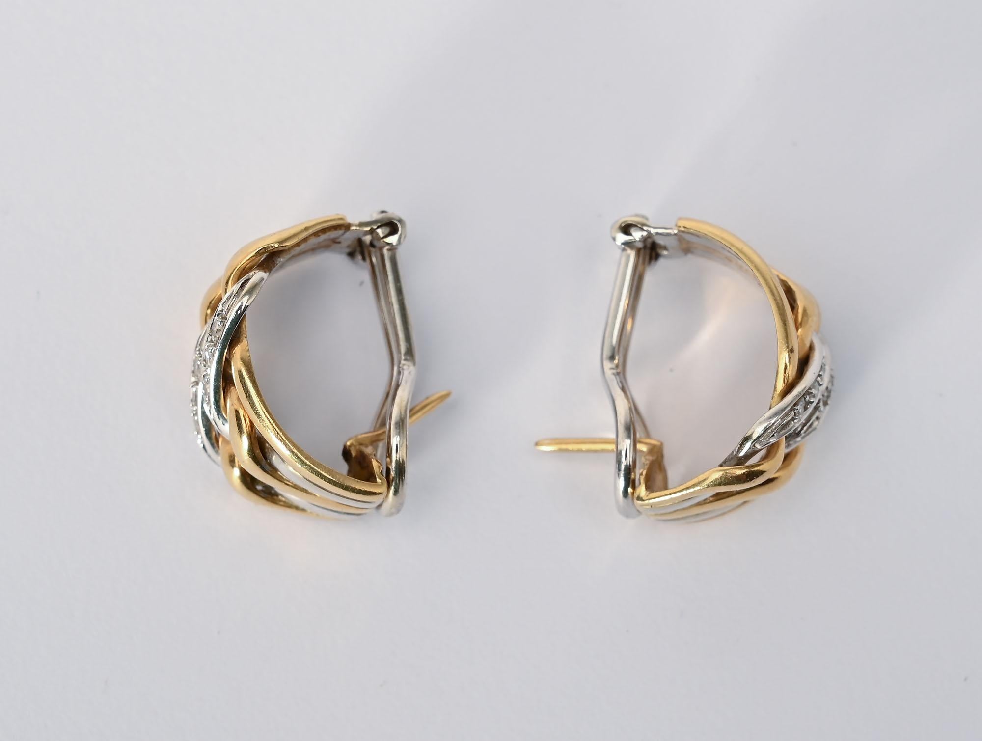 Radiant Cut Spritzer and Furman Diamond Two Color Gold Hoop Earrings For Sale