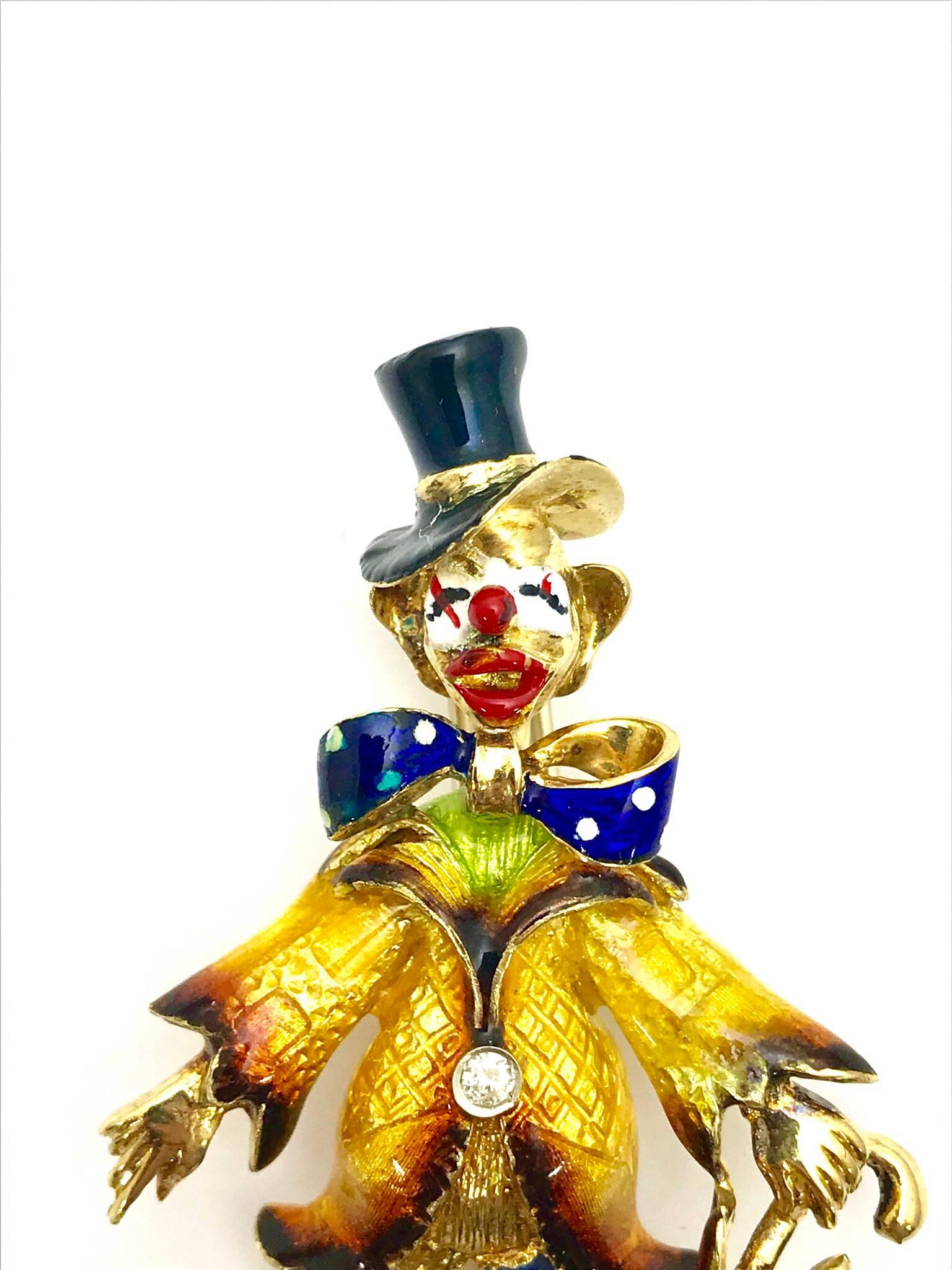 Retro Spritzer & Fuhrman Diamond and Enameled Yellow Gold Clown Brooch