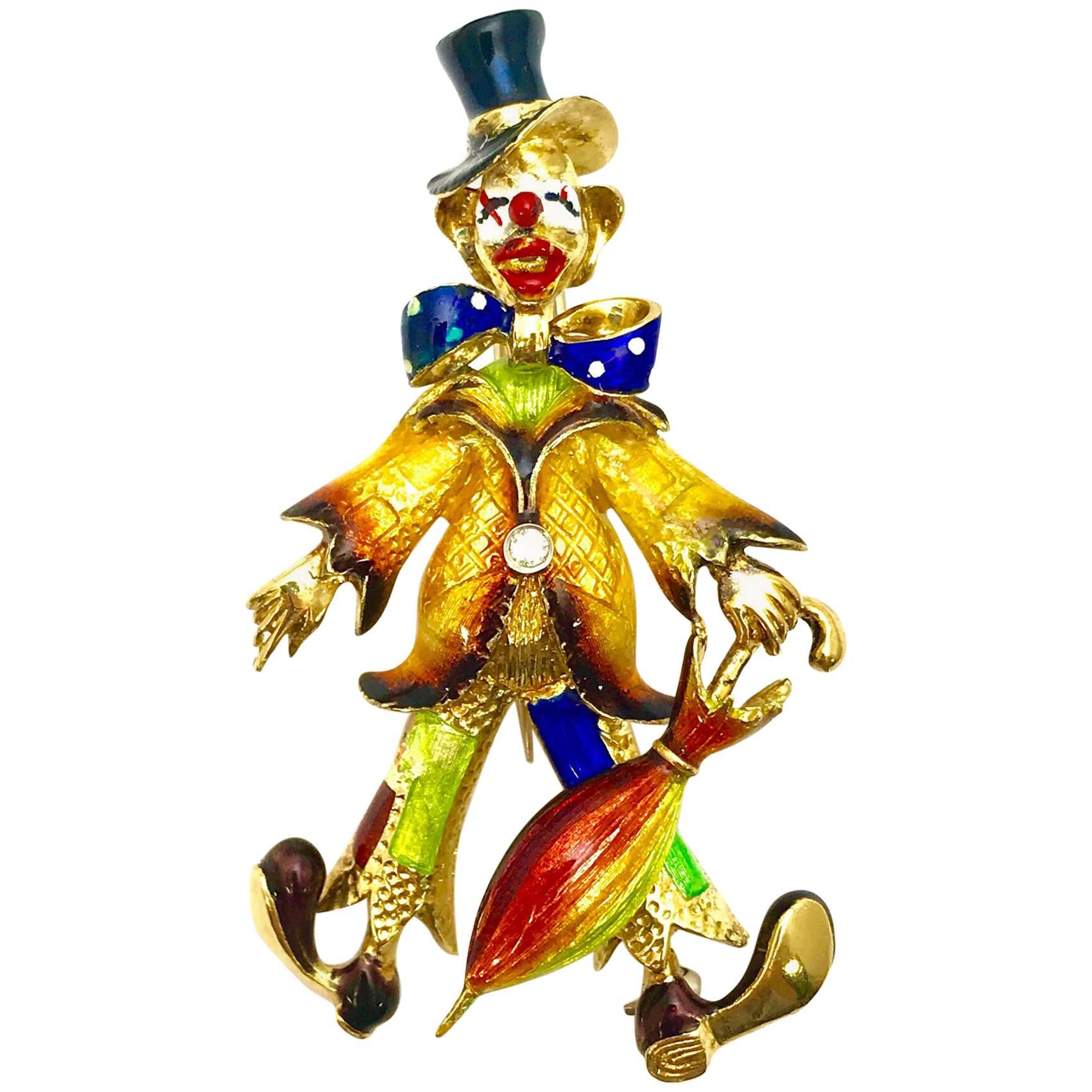 Spritzer & Fuhrman Diamond and Enameled Yellow Gold Clown Brooch