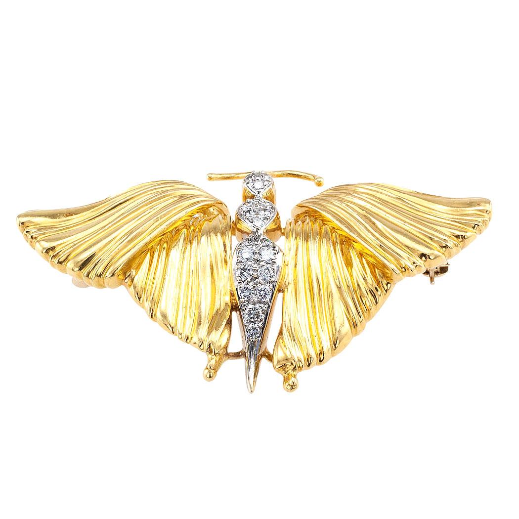 Round Cut Spritzer & Fuhrman Diamond Yellow Gold Butterfly Brooch
