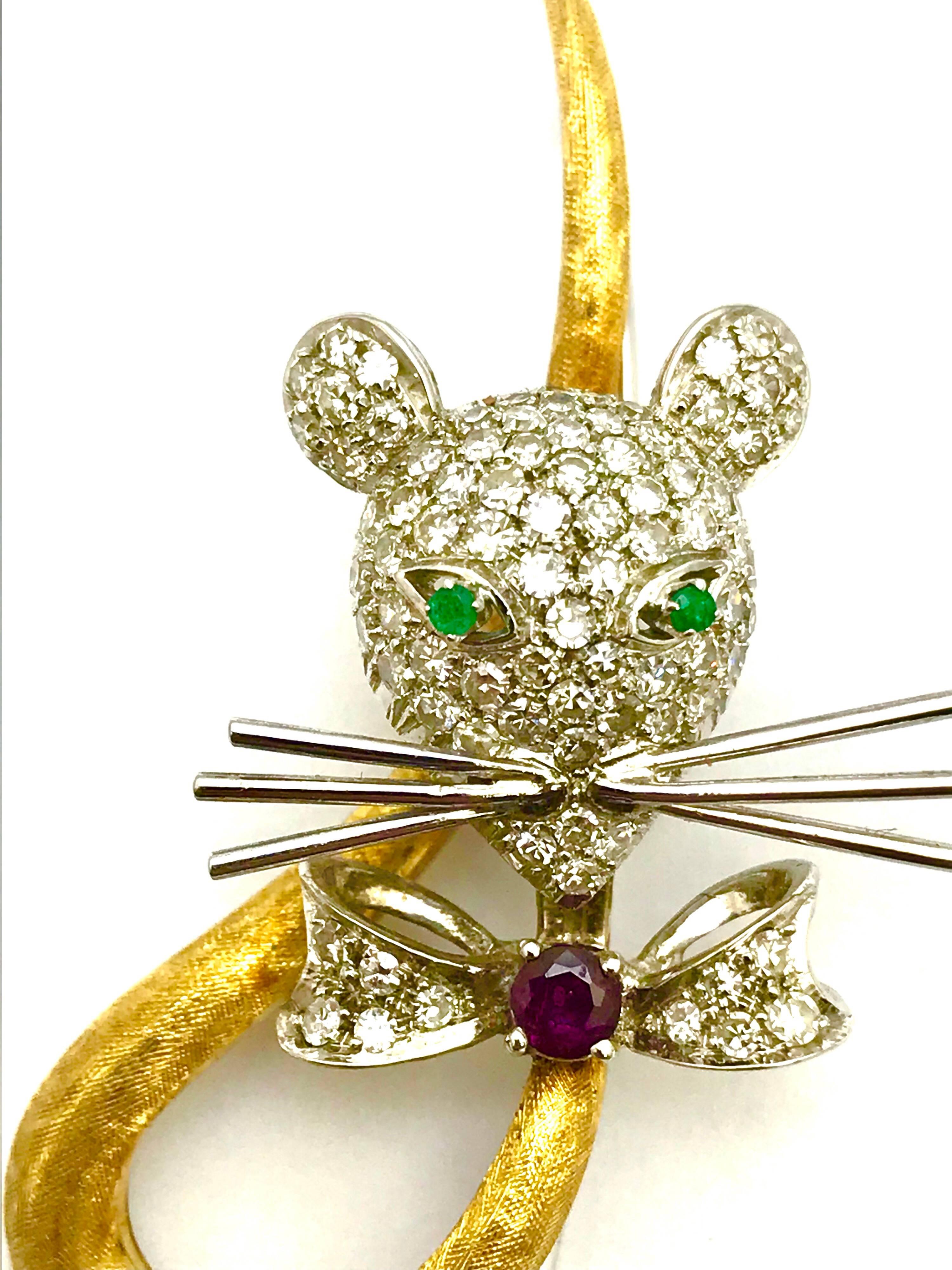 Retro Spritzer & Fuhrman Pave Diamond, Ruby and Emerald Gold Circus Mouse Brooch