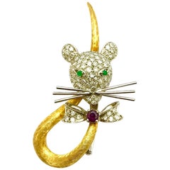 Vintage Spritzer & Fuhrman Pave Diamond, Ruby and Emerald Gold Circus Mouse Brooch