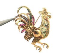 Spritzer Fuhrmann 18k Gold w/ Silver Colorful Gemstones & Enamel Rooster Brooch