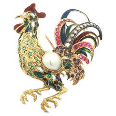 Spritzer Fuhrmann 18k Gold w/ Silver Colorful Gemstones & Enamel Rooster Brooch