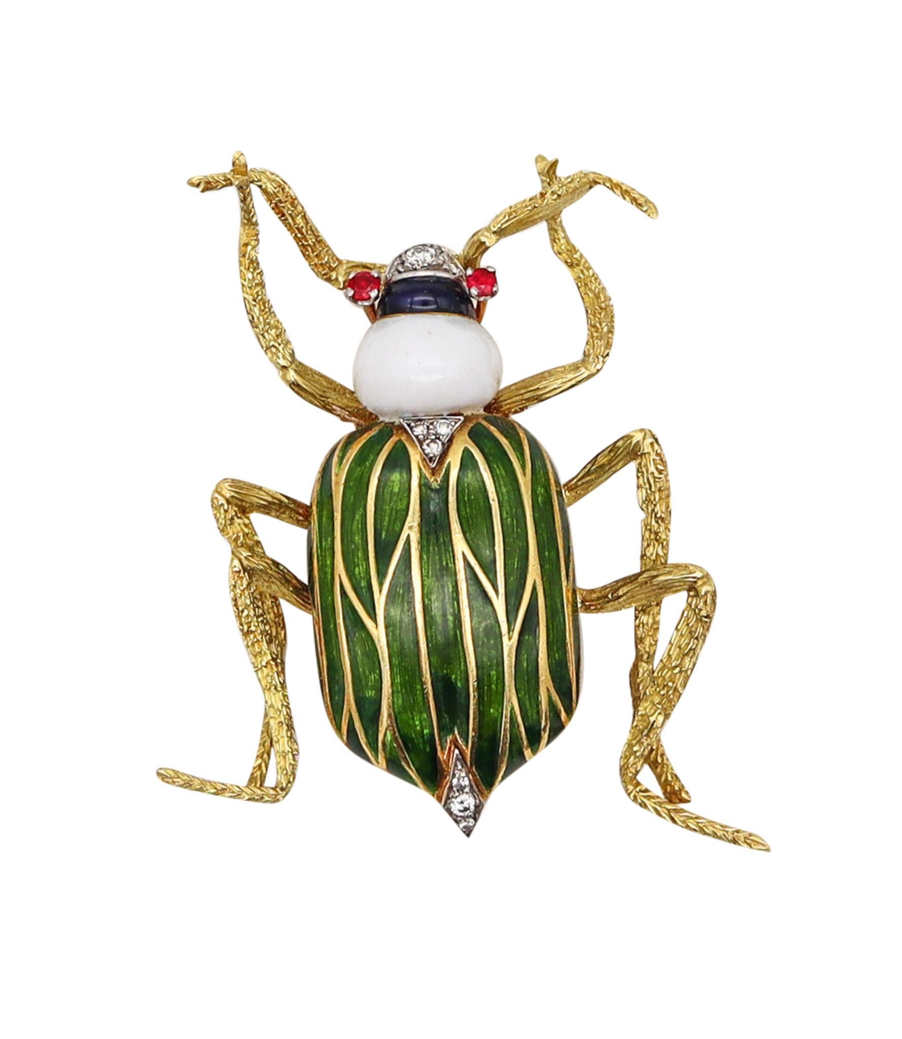 A scarab brooch designed by Guy Freres for Spritzer & Fuhrmann.

An amazing colorful scarab broch, created in Paris France at the jewelry atelier of Gay Freres for the jewelers and retailers Spritzer & Fuhrmann, back in the late 1960. This scarab