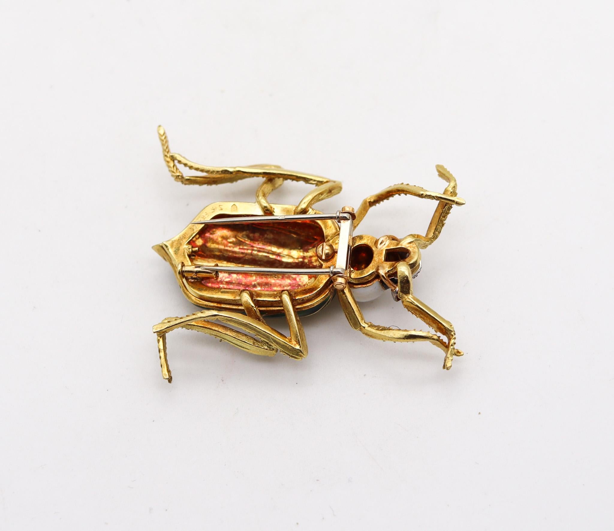 Modernist SPRITZER & FUHRMANN 1960 France Enameled Scarab Brooch In 18Kt Yellow Gold