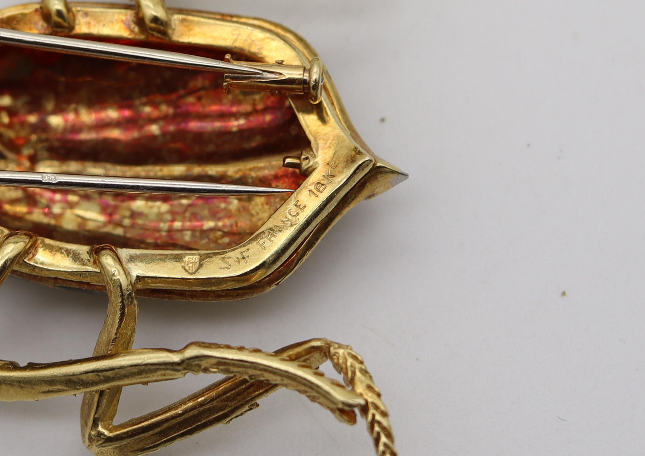 Brilliant Cut SPRITZER & FUHRMANN 1960 France Enameled Scarab Brooch In 18Kt Yellow Gold
