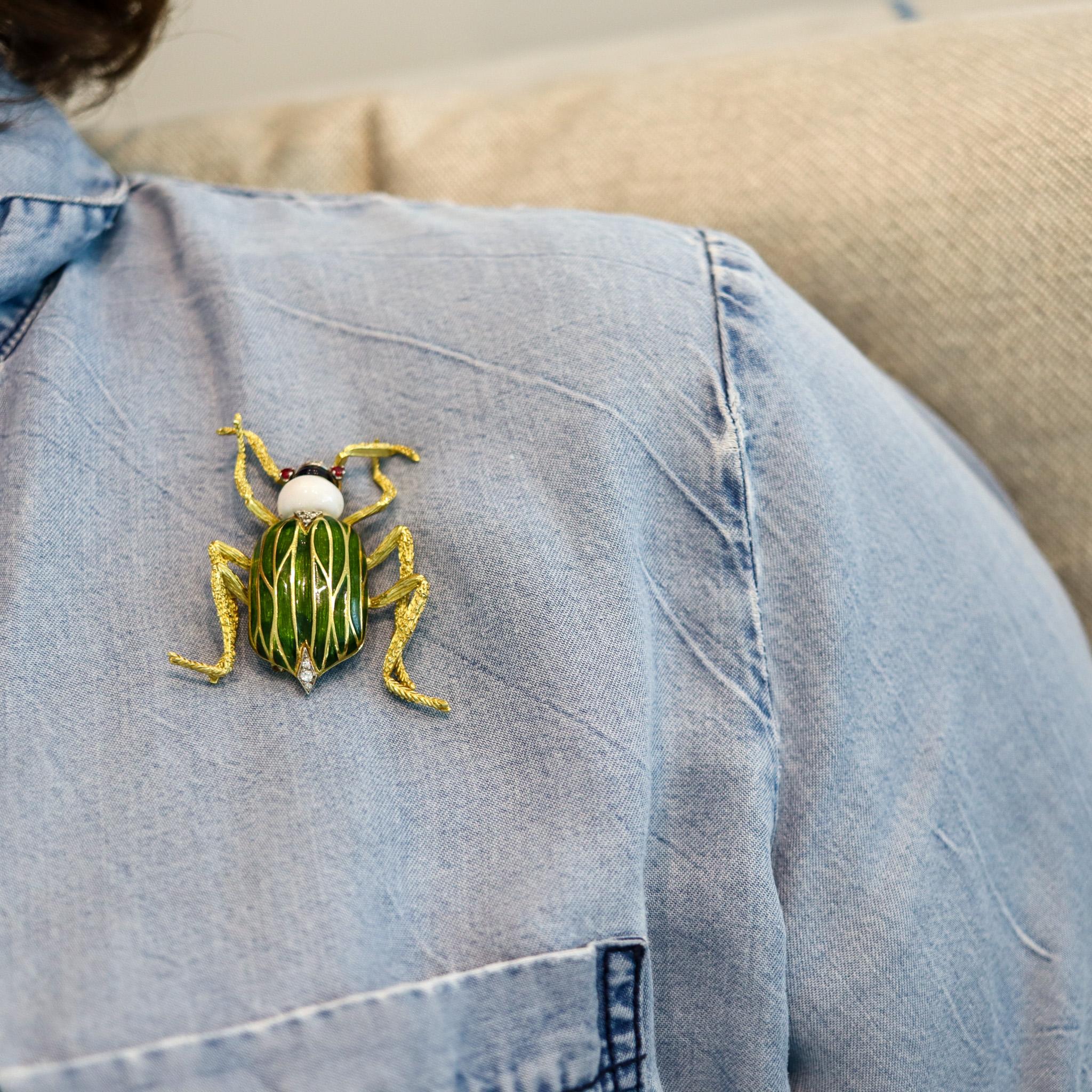 SPRITZER & FUHRMANN 1960 France Enameled Scarab Brooch In 18Kt Yellow Gold 1