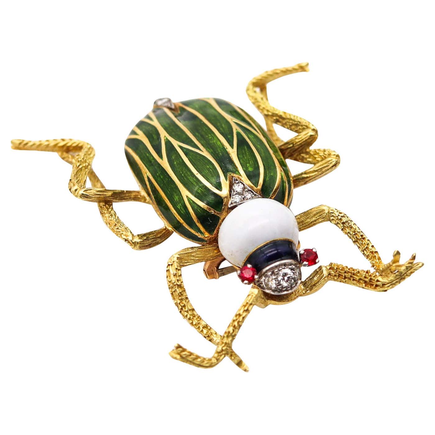 Vintage Scarab Beetle Brooch Pin - Green Enamel With Gold Tone Finish, Cherokee Artisan Style (D-873)