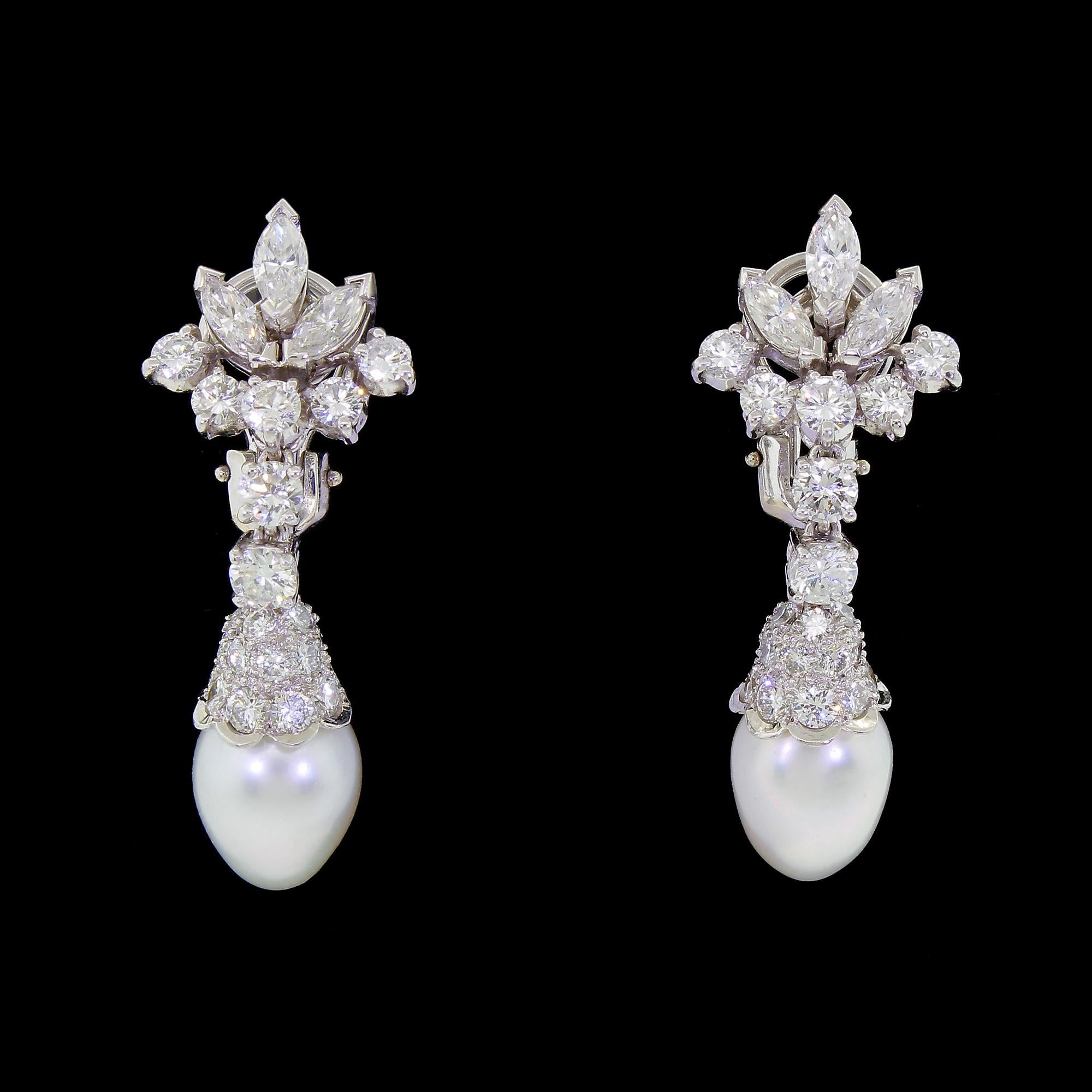 Romantic Spritzer & Fuhrmann Platinum Diamond White Gold South Sea Pearl Drop Earrings
